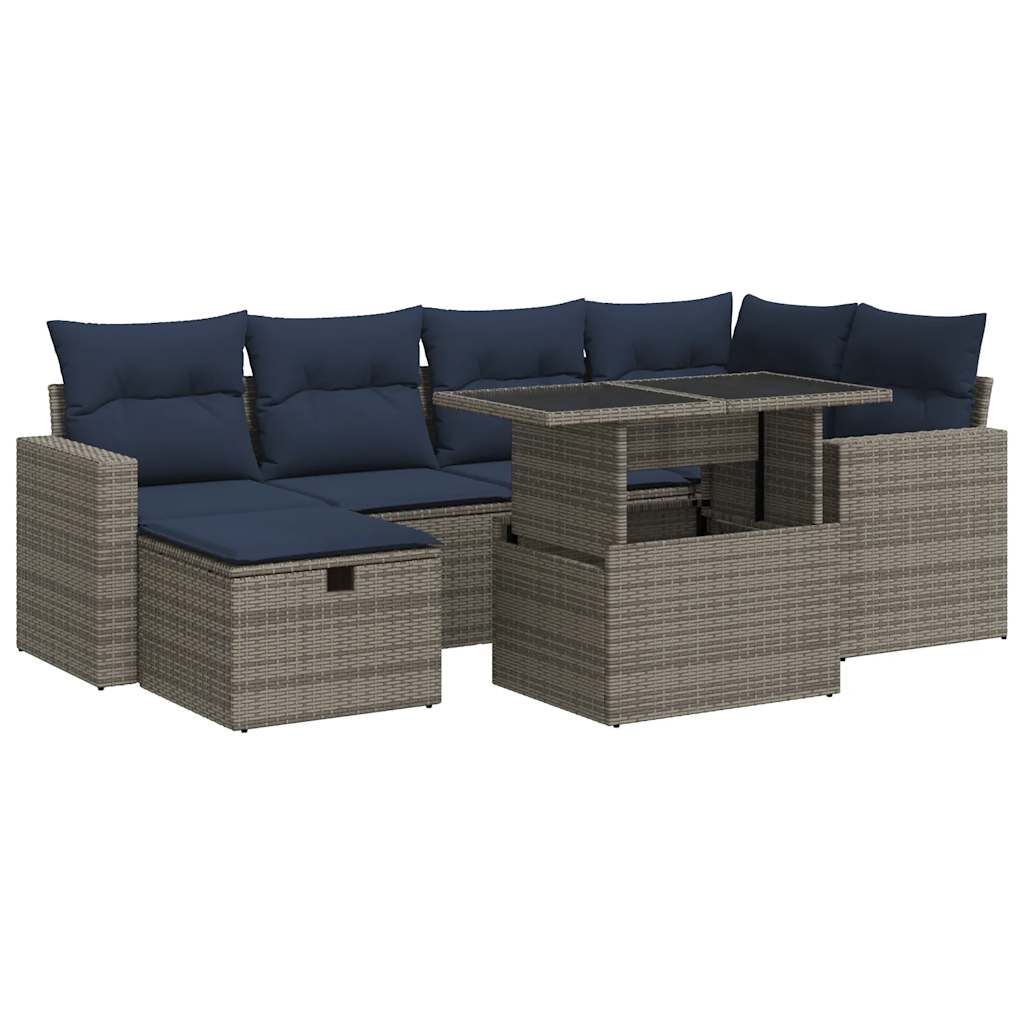 7 Piece Garden Sofa Set with Cushions Brown Poly Rattan Acacia