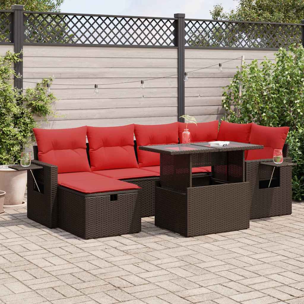 7 Piece Garden Sofa Set with Cushions Black Poly Rattan Acacia