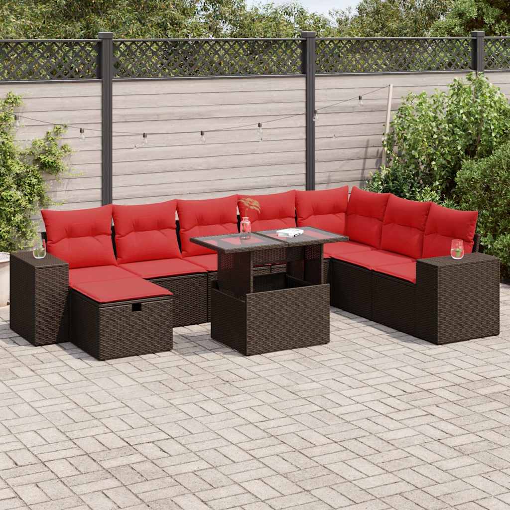 9 Piece Garden Sofa Set with Cushions Black Poly Rattan Acacia