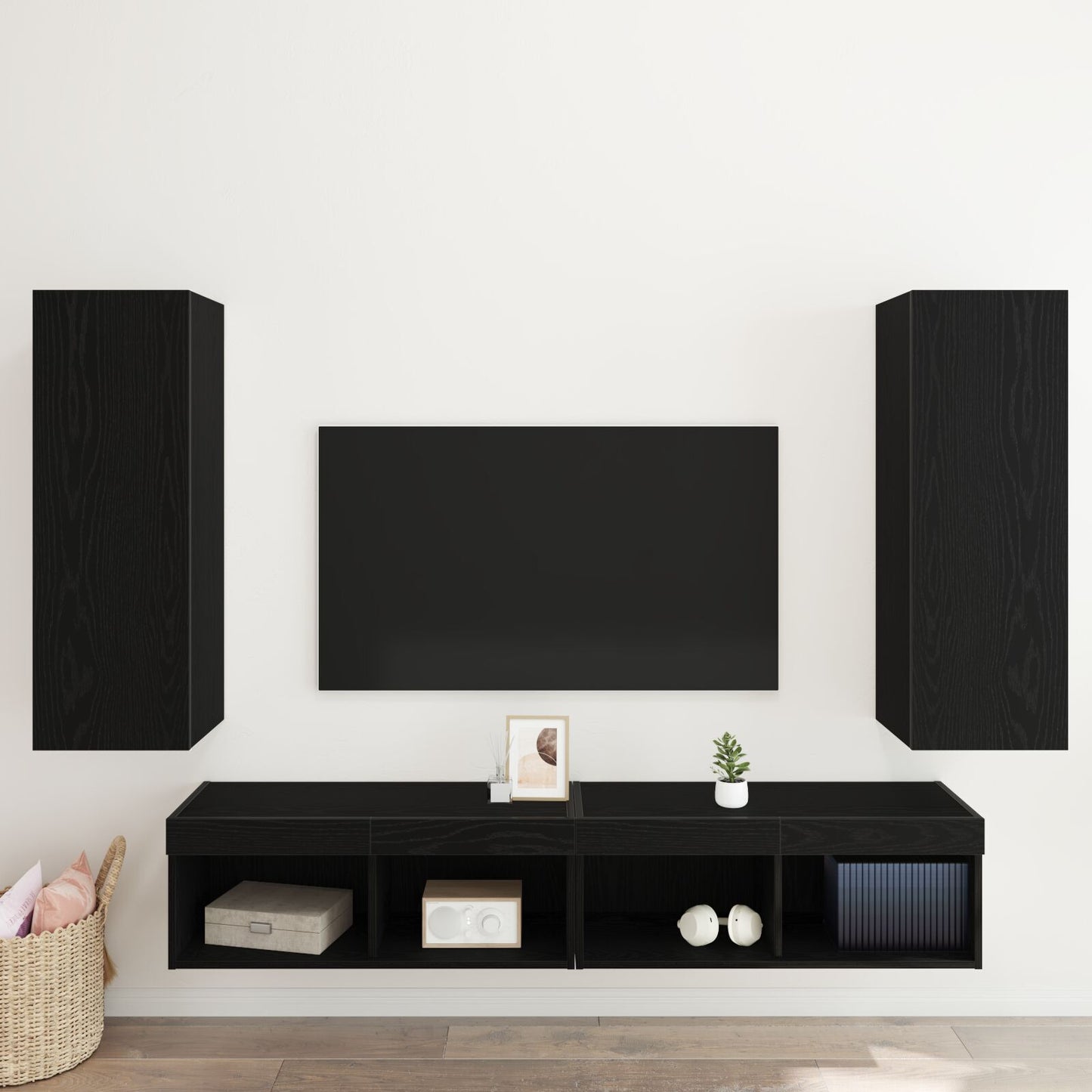 Black Oak Wall-Mounted TV Cabinets, Set of 2, Engineered Wood
