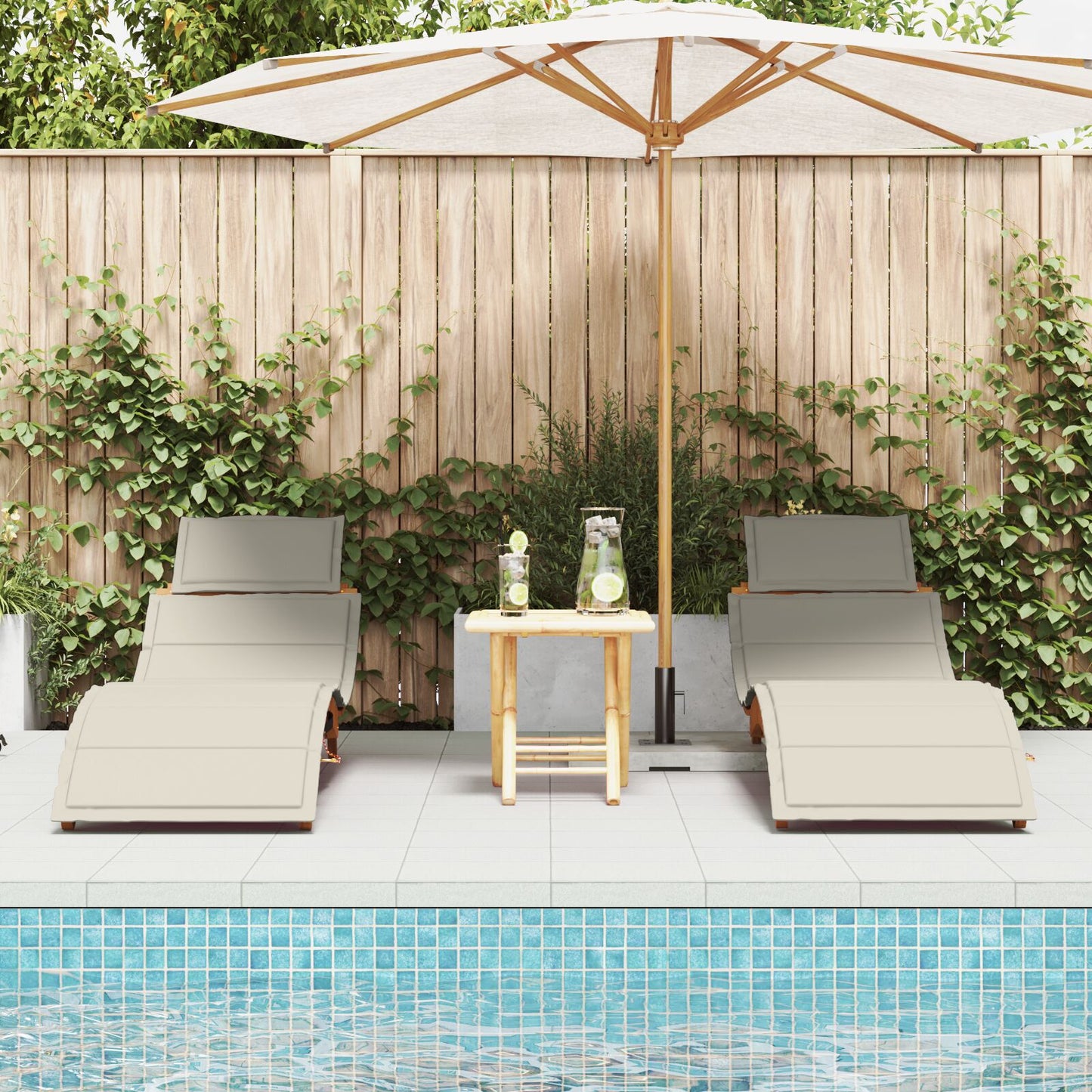 Cream White Acacia Wood Sun Loungers with Cushions - 2 Piece Set
