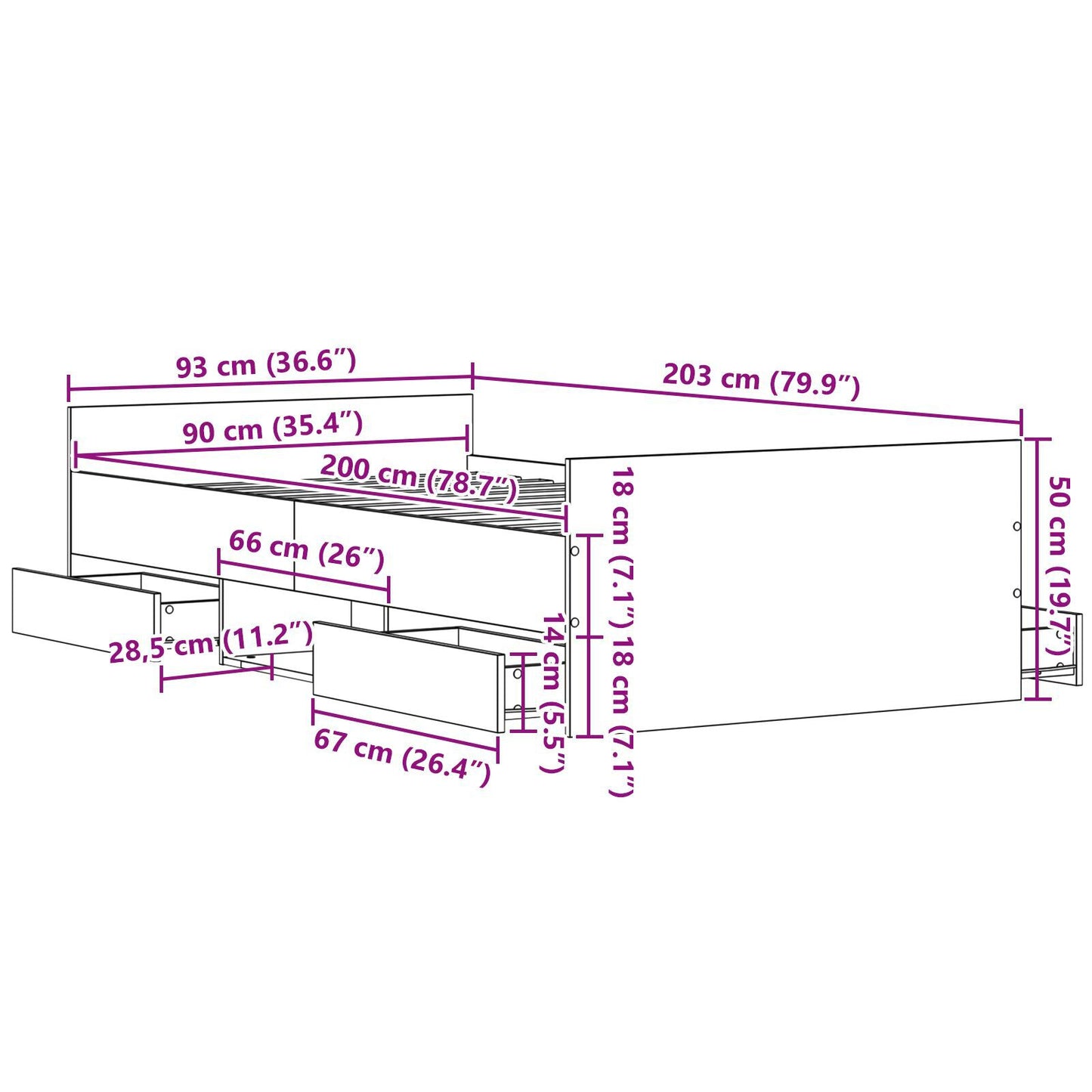 Black Oak Bed Frame 90x200 cm - Engineered Wood (No Mattress)