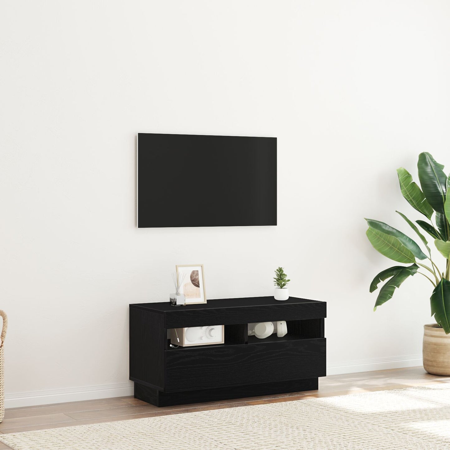 Black Oak TV Stand with LED Lights - Engineered Wood, 100x35x40 cm