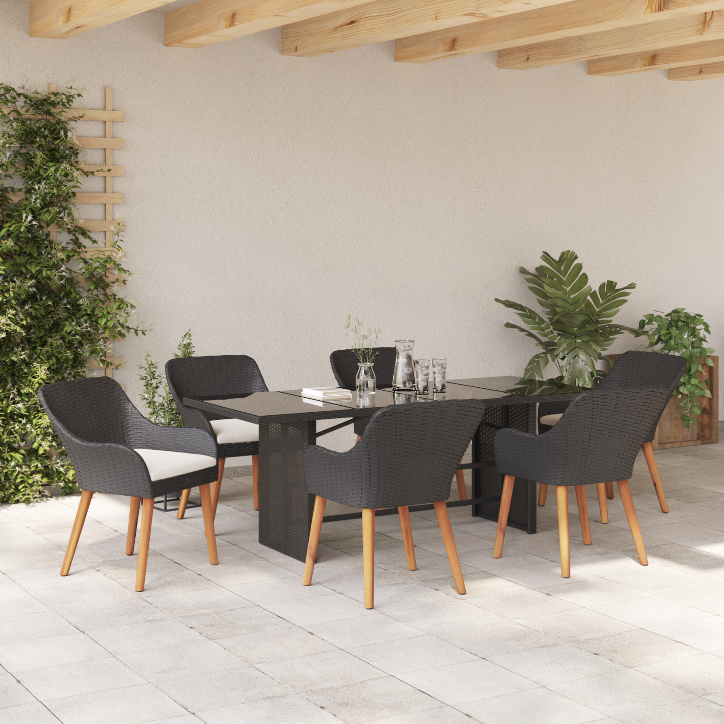 7 Piece Garden Dining Set Black Poly Rattan