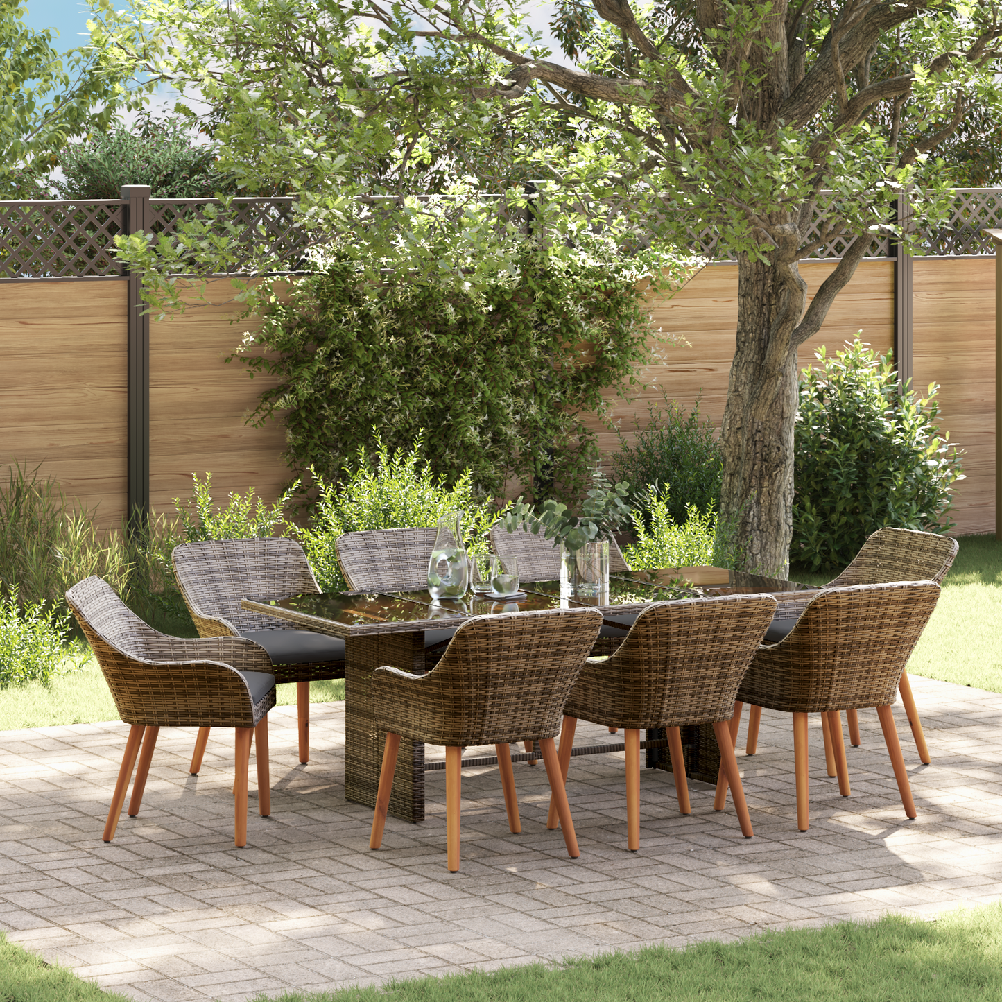 9 Piece Garden Dining Set Grey Poly Rattan