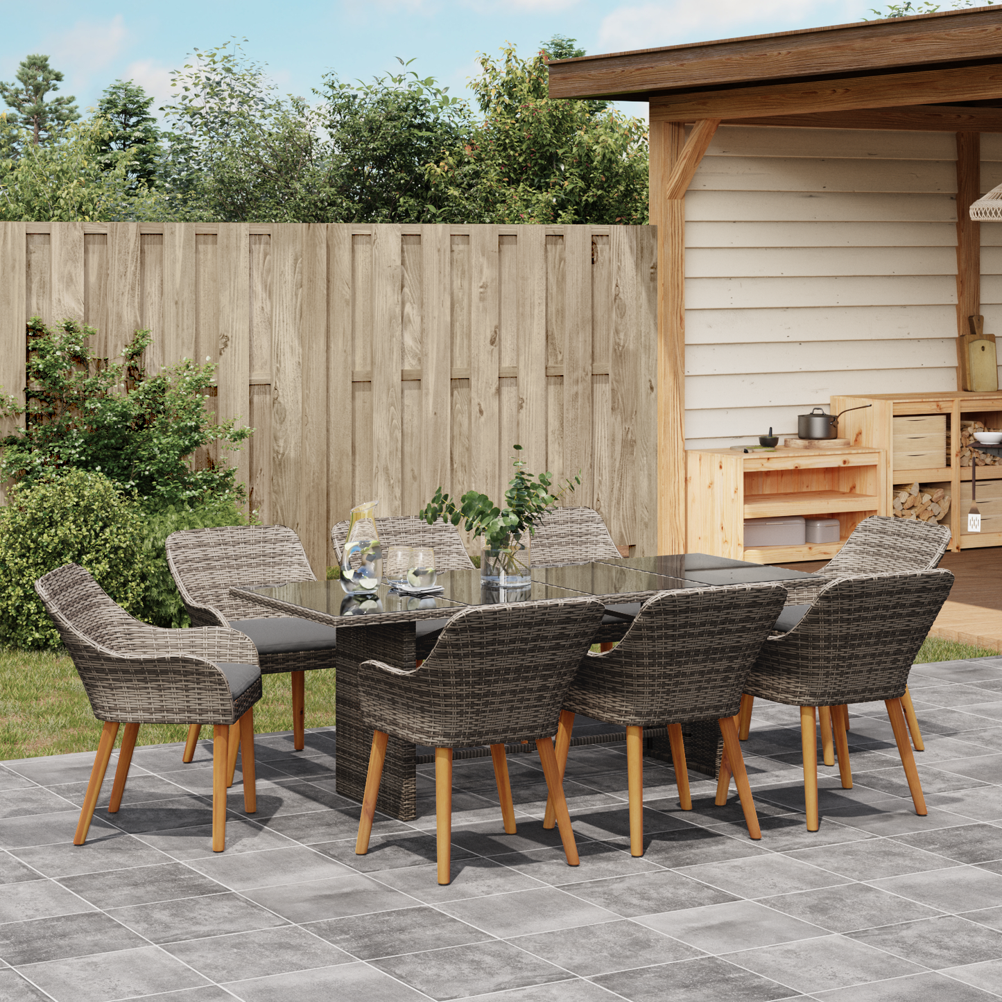 9 Piece Garden Dining Set Grey Poly Rattan