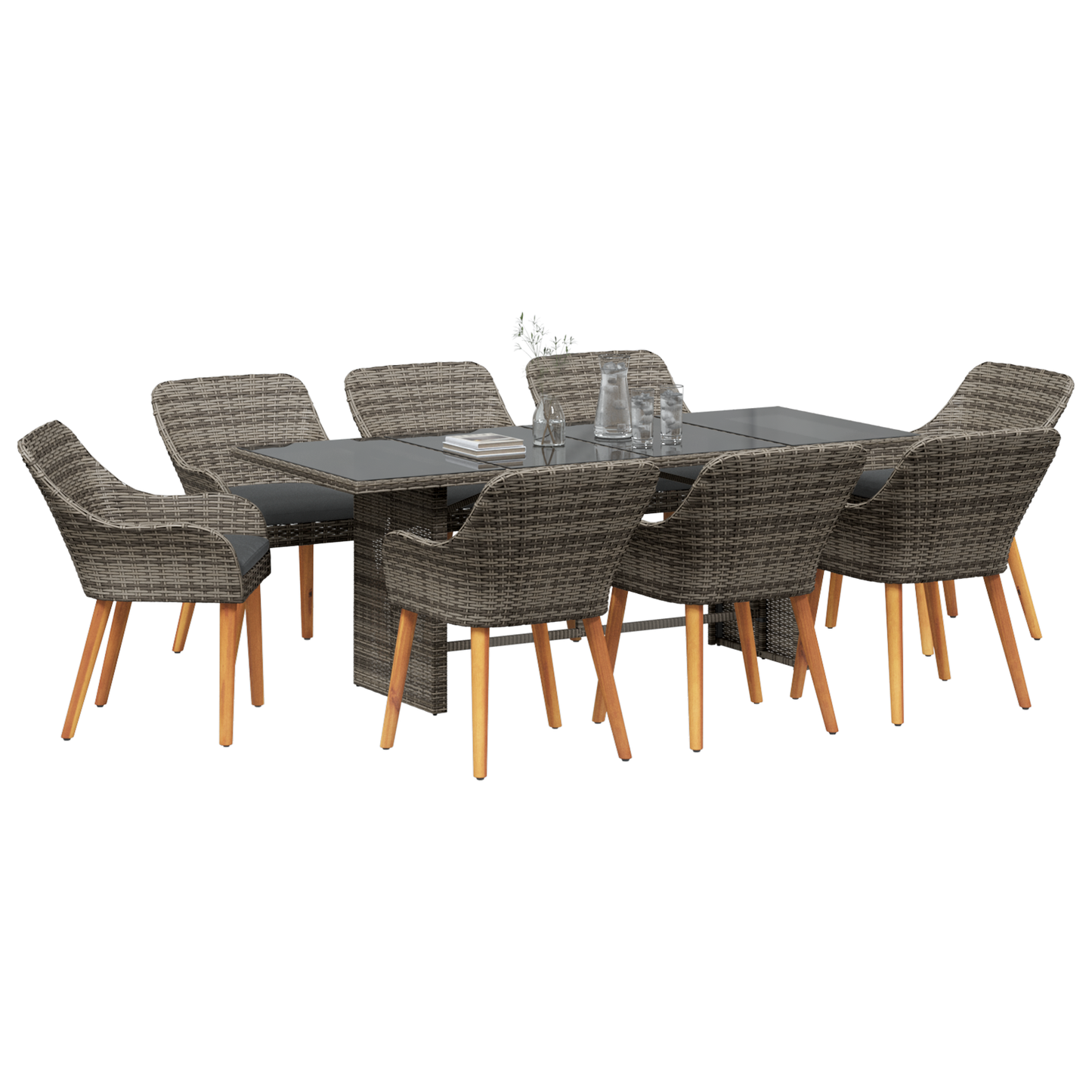 9 Piece Garden Dining Set Grey Poly Rattan