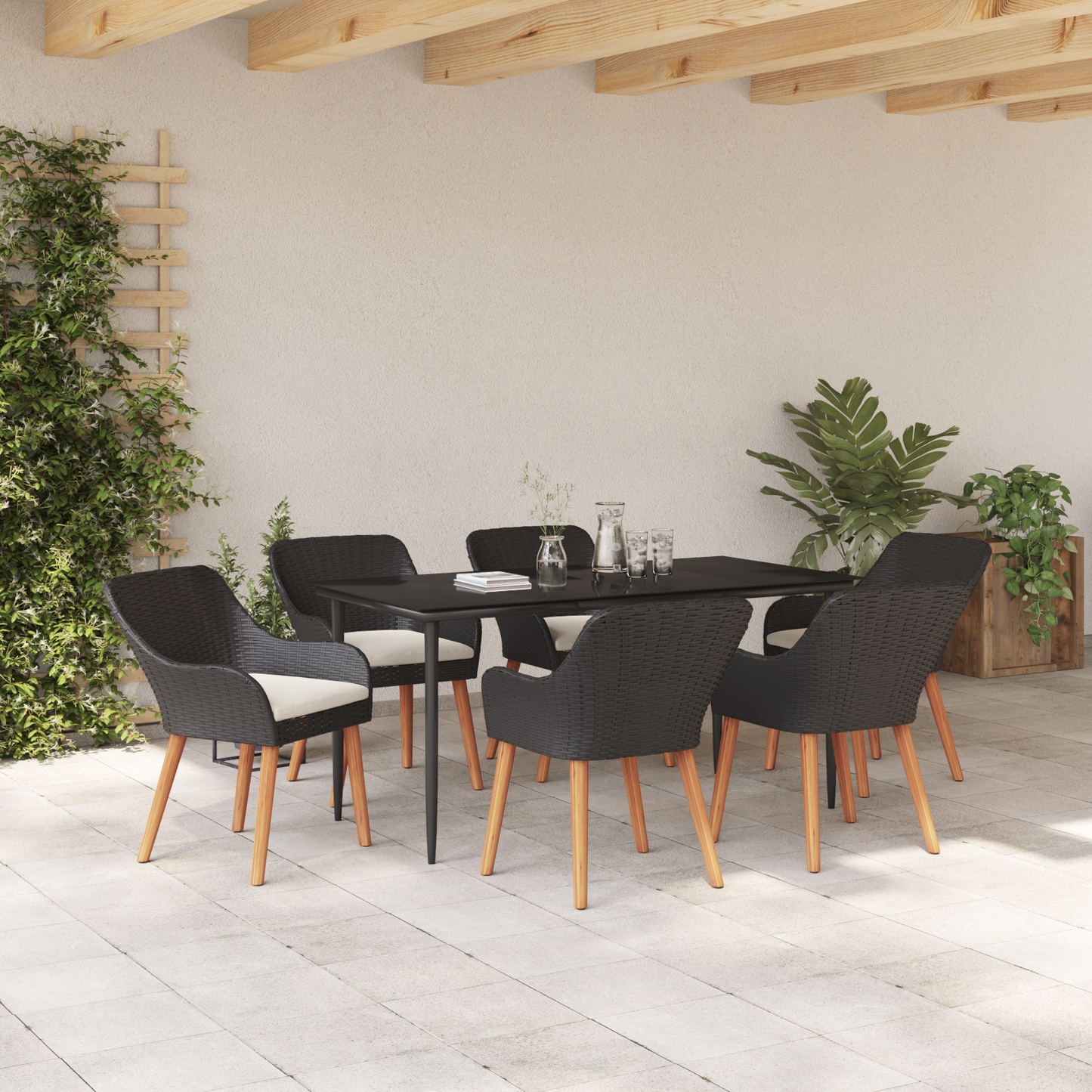 7 Piece Garden Dining Set Black Poly Rattan