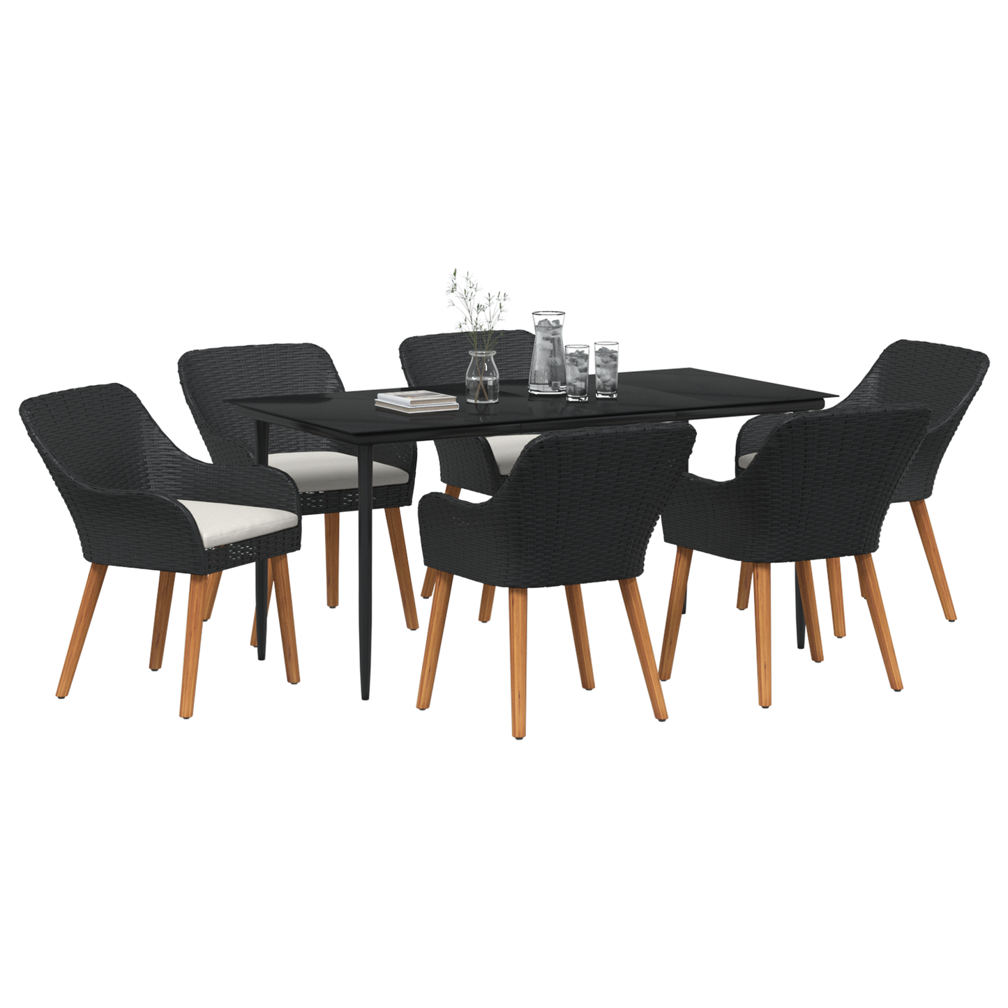 7 Piece Garden Dining Set Black Poly Rattan