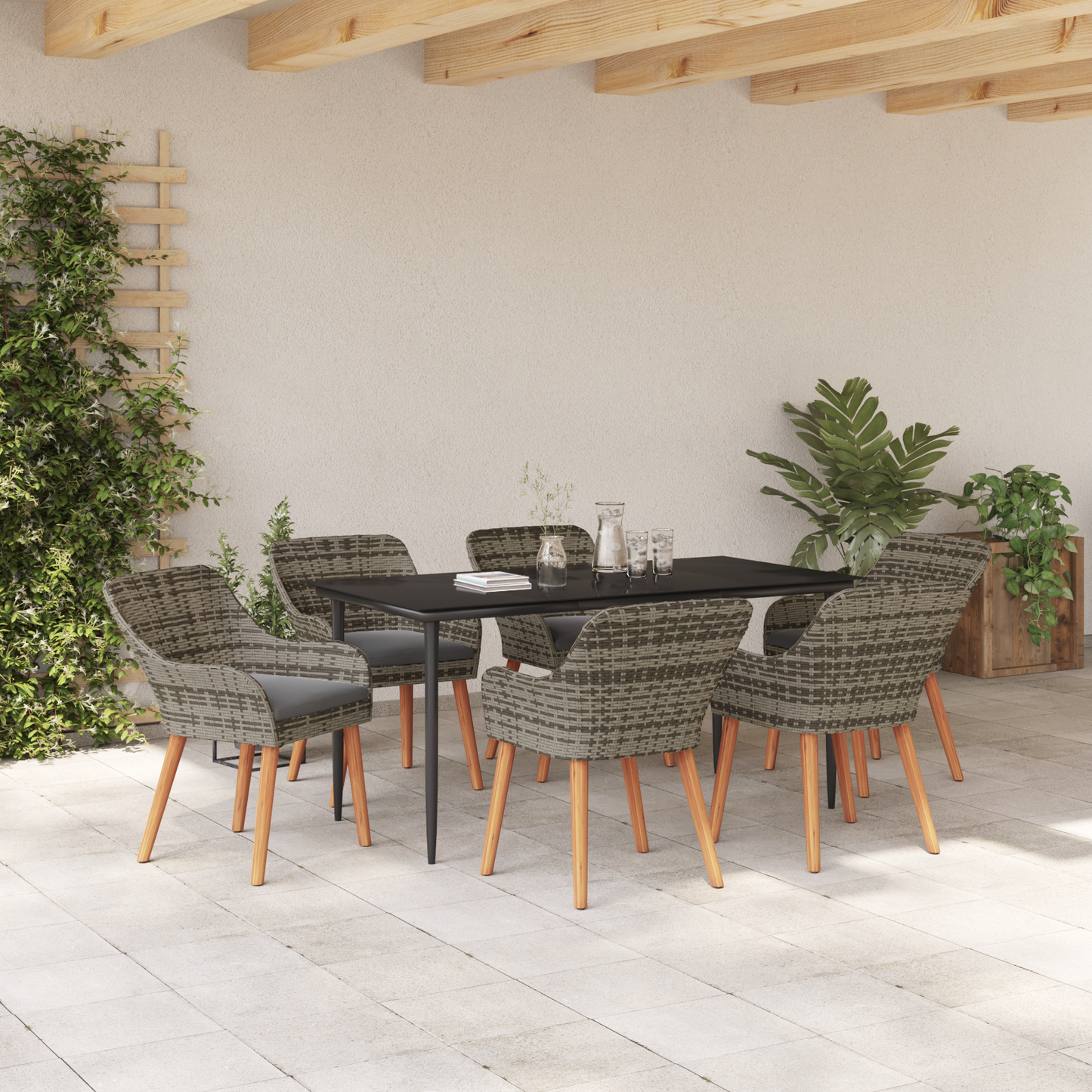 7 Piece Garden Dining Set Grey Poly Rattan