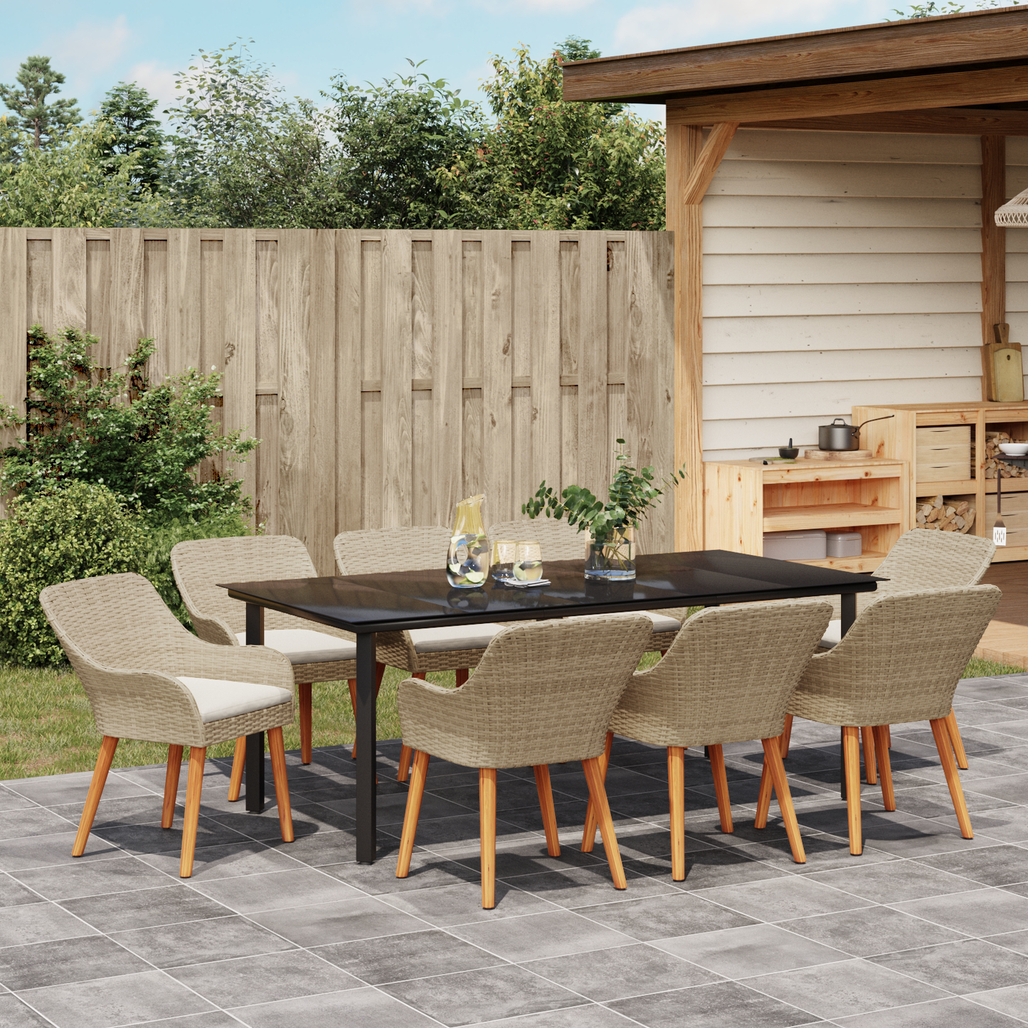 9 Piece Garden Dining Set Beige Poly Rattan