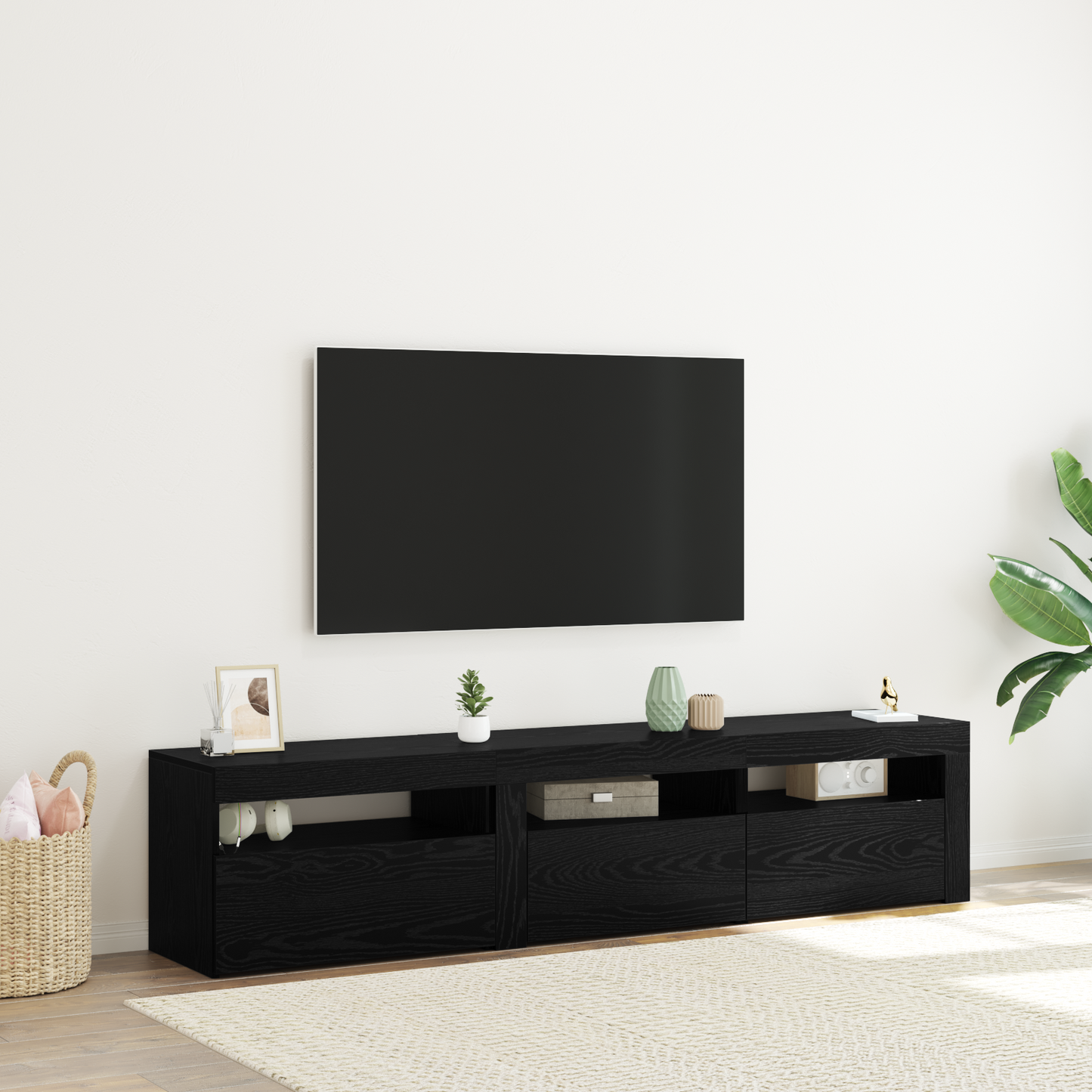 TV Cabinets 2 pcs with LED Lights Black Oak Engineered Wood