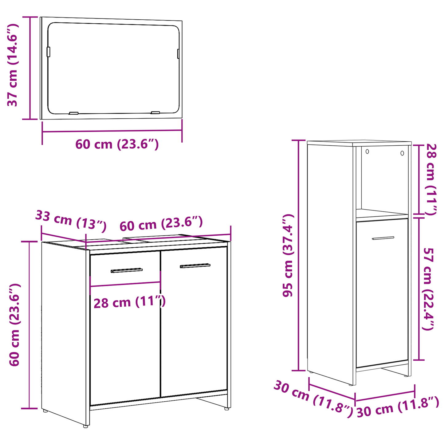 3 Piece Bathroom Furniture Set Black Oak Engineered Wood