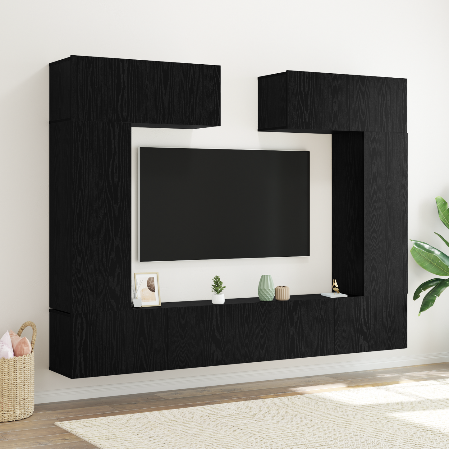 8 Piece TV Cabinet Set Wall-mounted Black Oak Engineered Wood