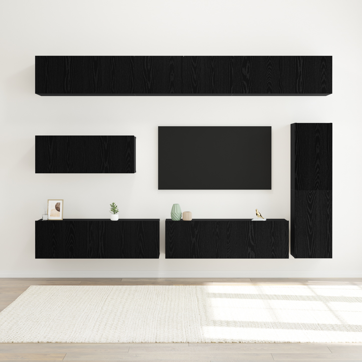 7 Piece TV Cabinet Set Wall-mounted Black Oak Engineered Wood