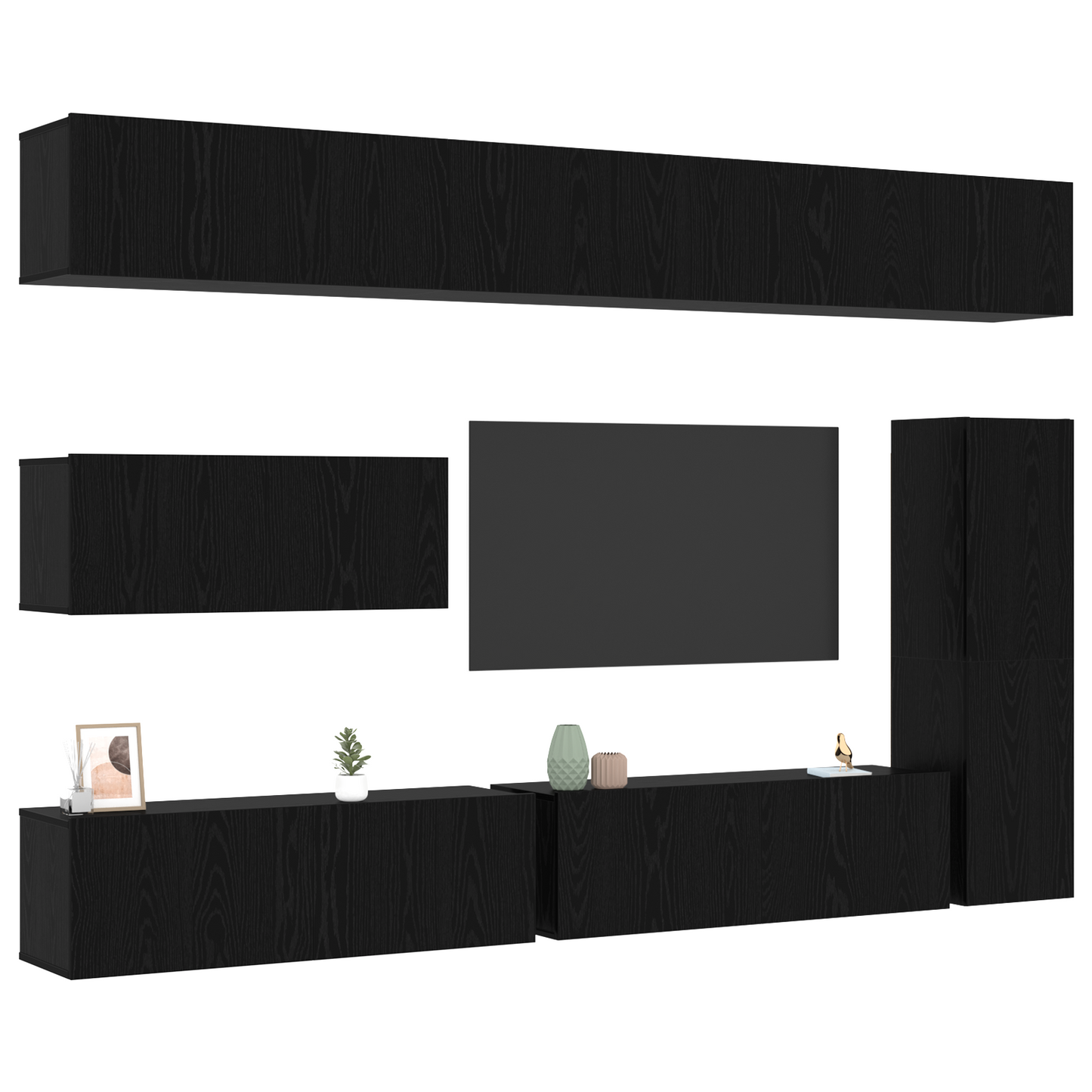 7 Piece TV Cabinet Set Wall-mounted Black Oak Engineered Wood