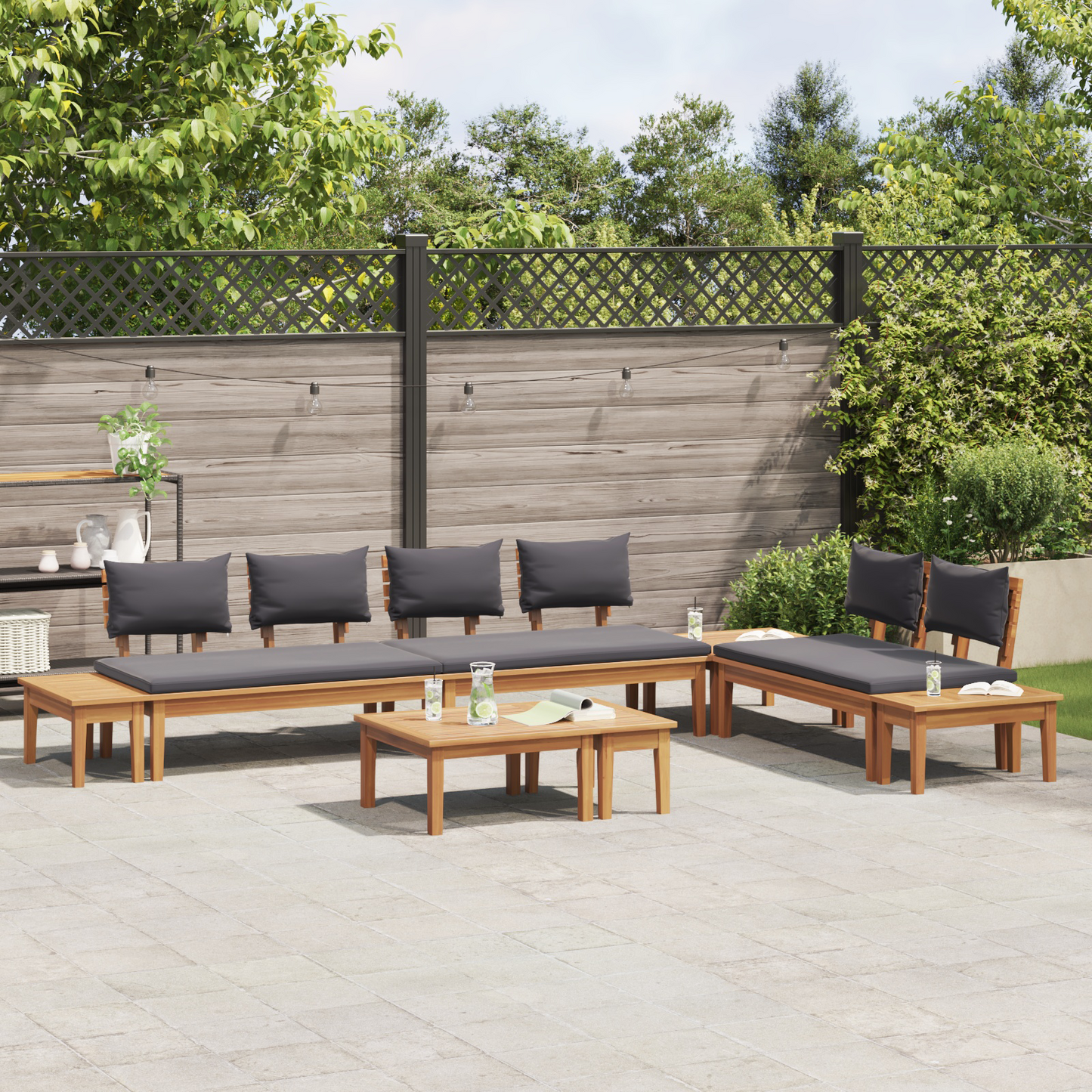 5 Piece Garden Bench Set with Cushions Solid Wood Teak