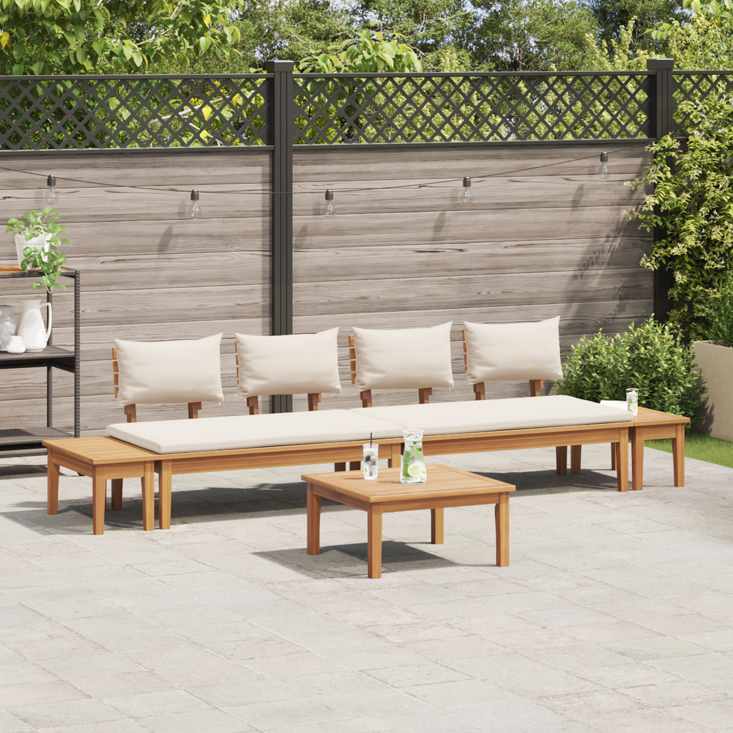 5 Piece Garden Bench Set with Cushions Solid Wood Teak