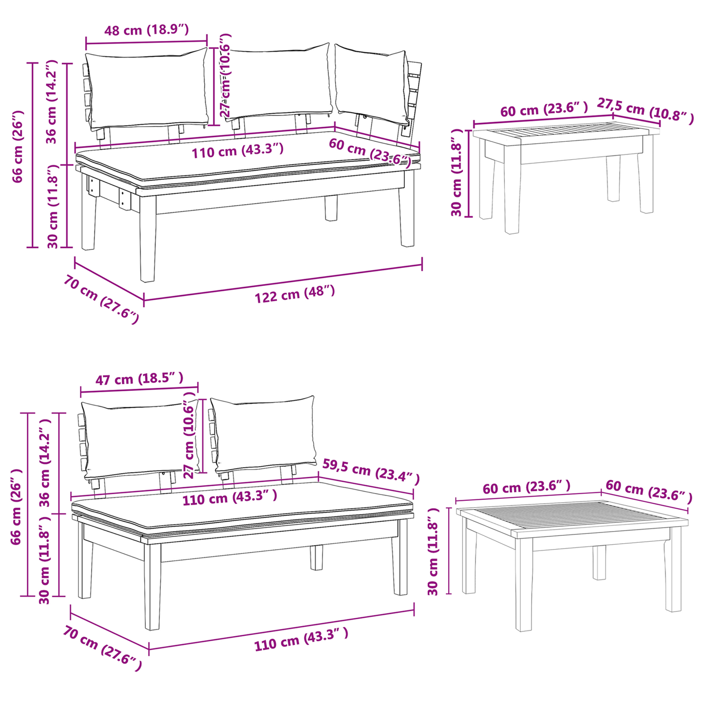 4 Piece Garden Bench Set with Cushions Solid Wood Teak