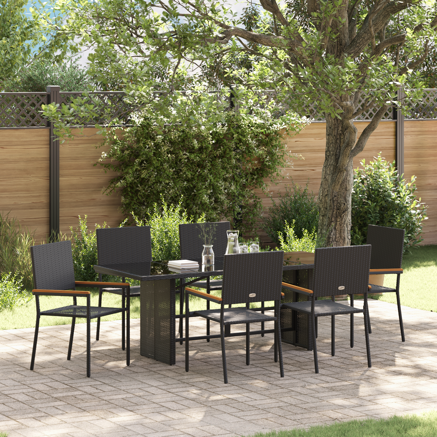 7 Piece Garden Dining Set Black Poly Rattan