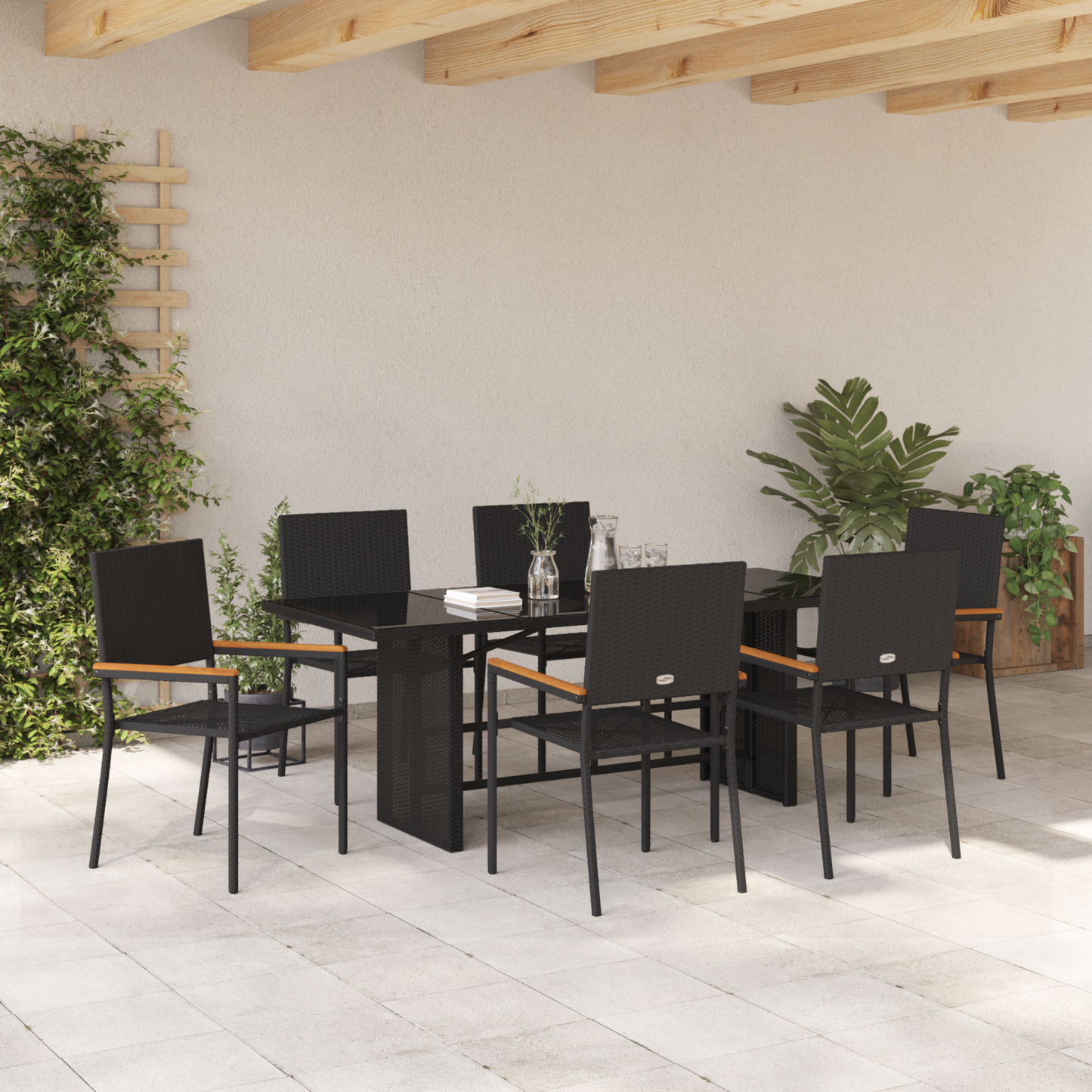 7 Piece Garden Dining Set Black Poly Rattan