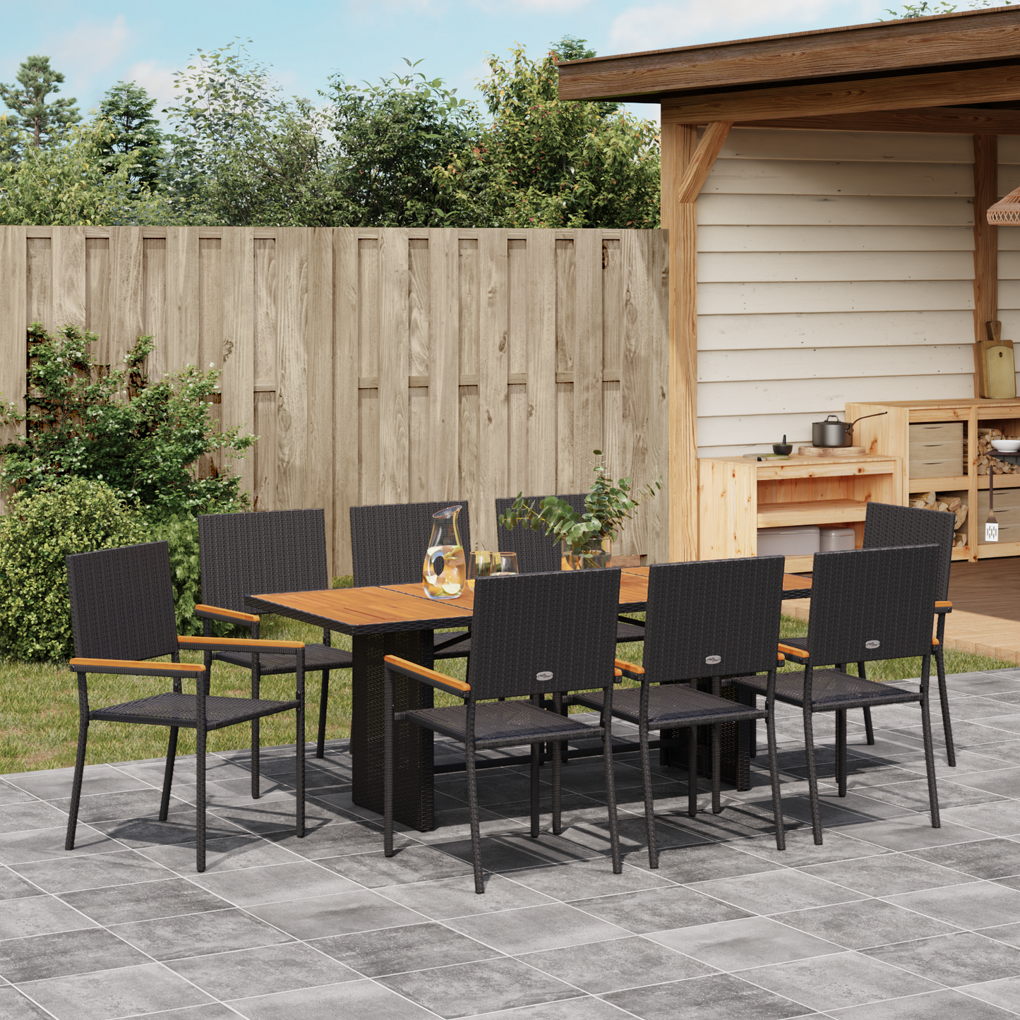 9 Piece Garden Dining Set Black Poly Rattan