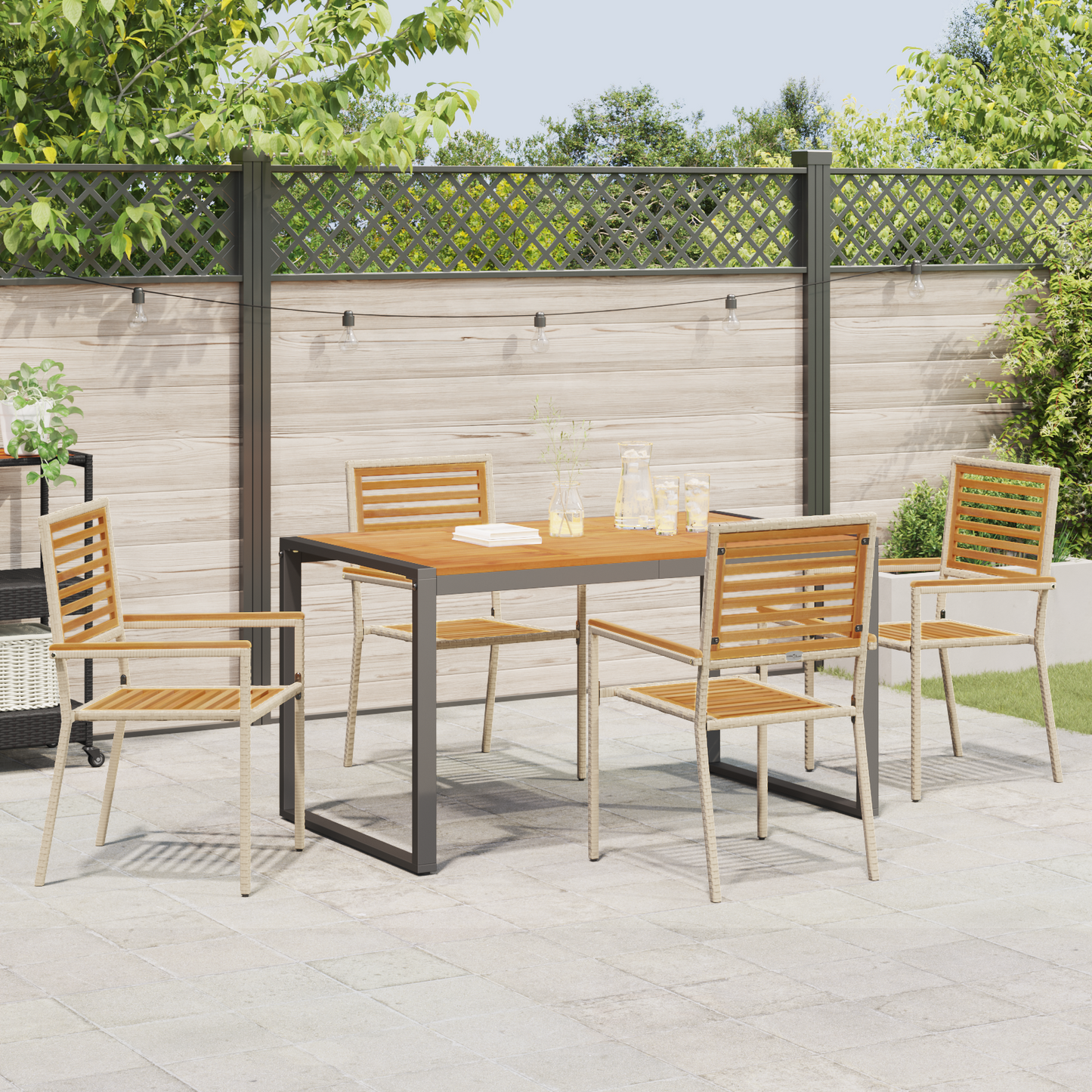 5 Piece Garden Dining Set Beige Poly Rattan Acacia