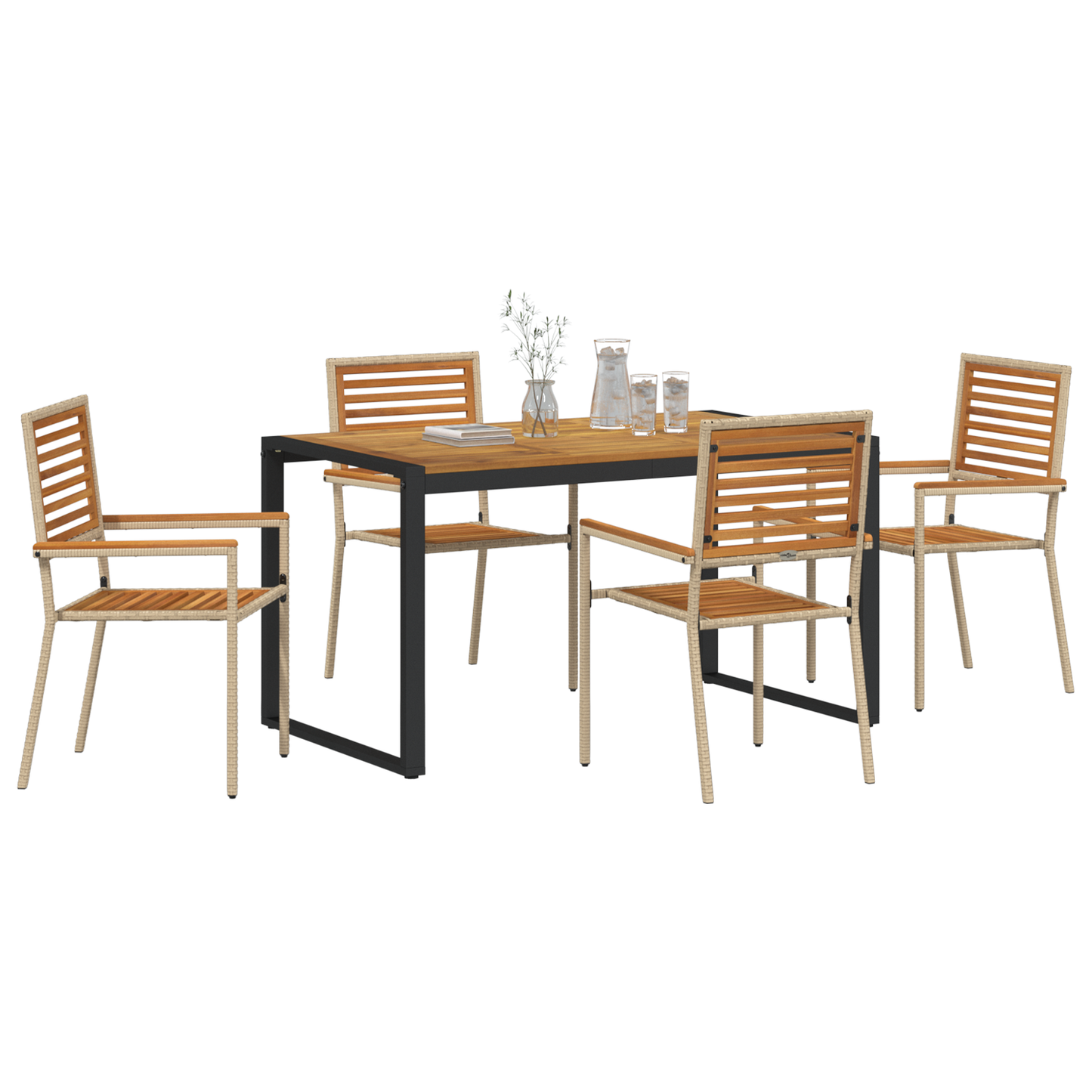 5 Piece Garden Dining Set Beige Poly Rattan Acacia