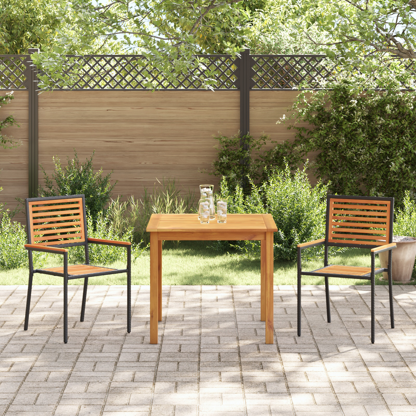 3 Piece Garden Dining Set Black Poly Rattan Acacia