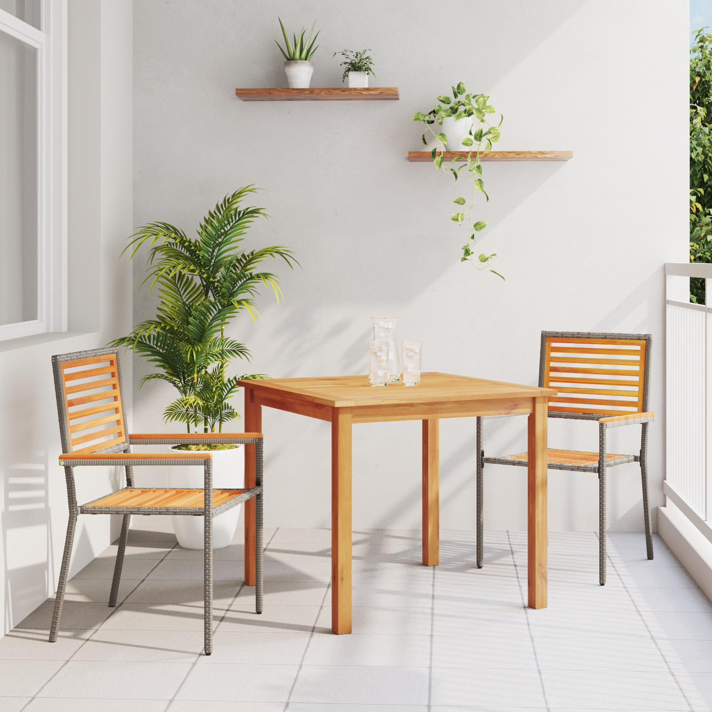 3 Piece Garden Dining Set Grey Poly Rattan Acacia
