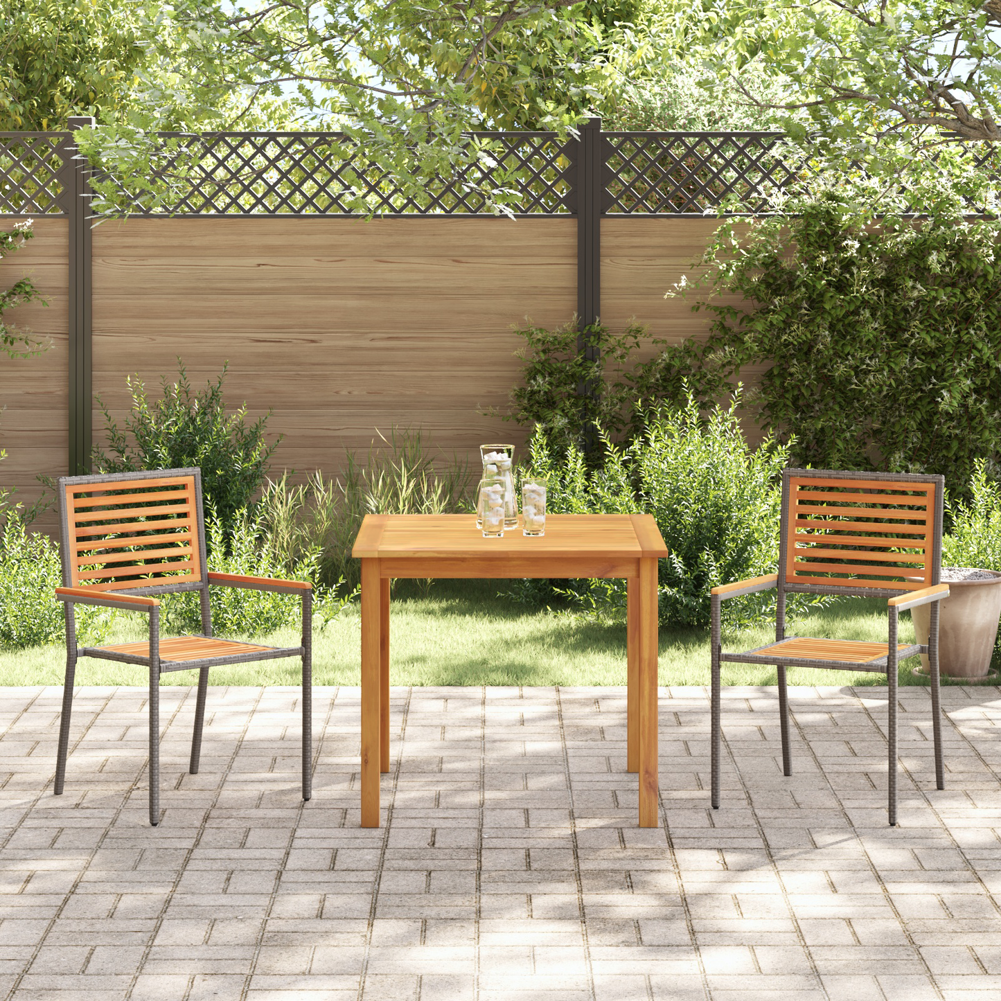 3 Piece Garden Dining Set Grey Poly Rattan Acacia