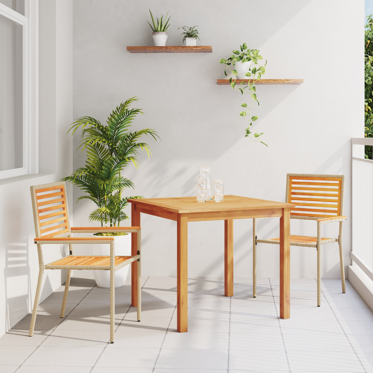 3 Piece Garden Dining Set Beige Poly Rattan Acacia
