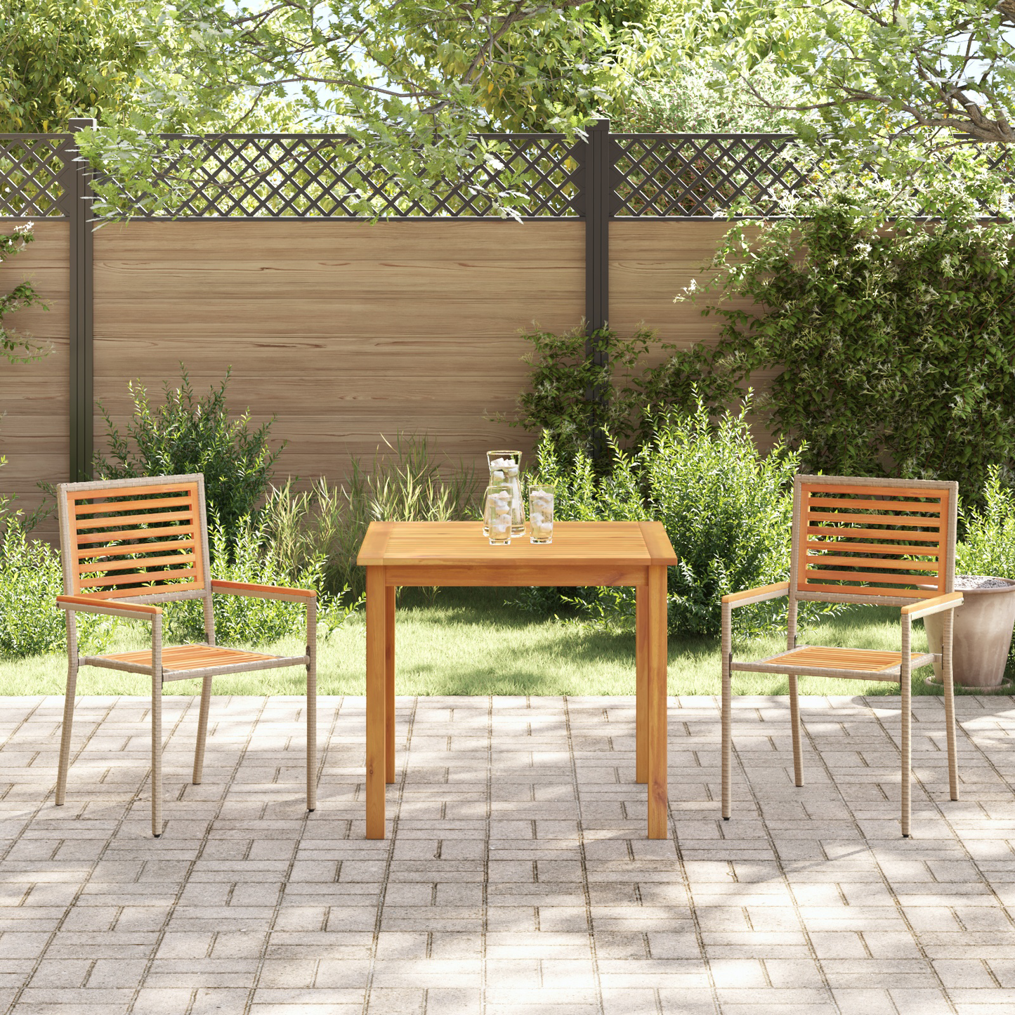 3 Piece Garden Dining Set Beige Poly Rattan Acacia