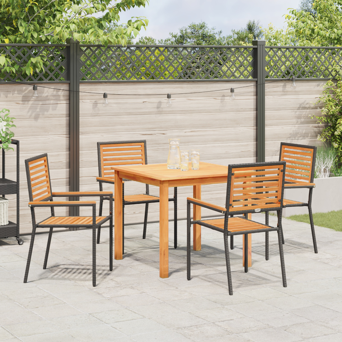 5 Piece Garden Dining Set Black Poly Rattan Acacia