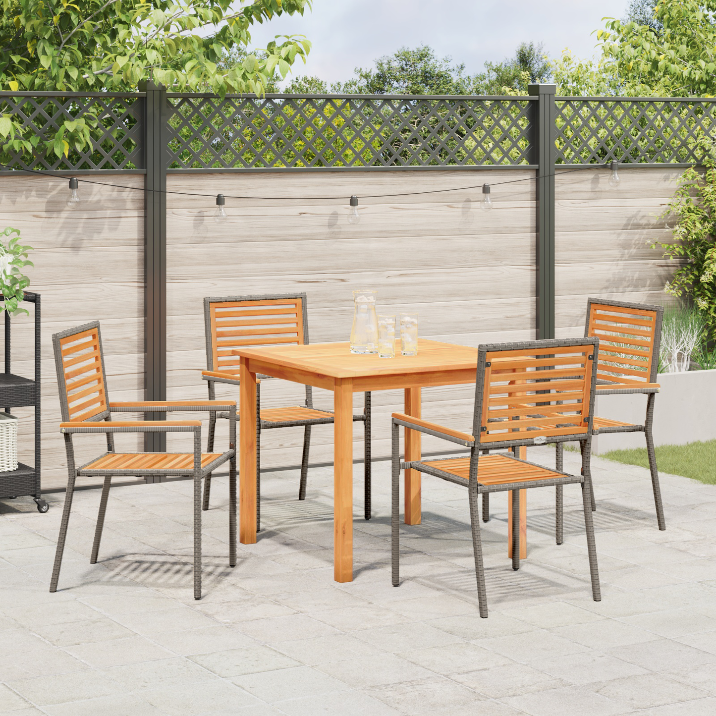 5 Piece Garden Dining Set Grey Poly Rattan Acacia