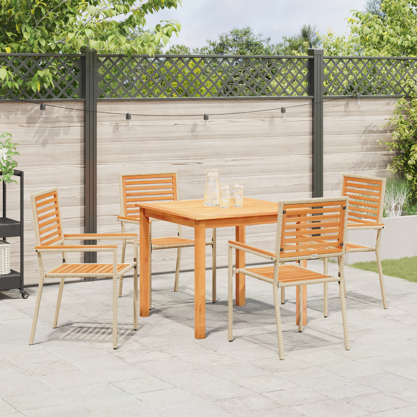 5 Piece Garden Dining Set Beige Poly Rattan Acacia