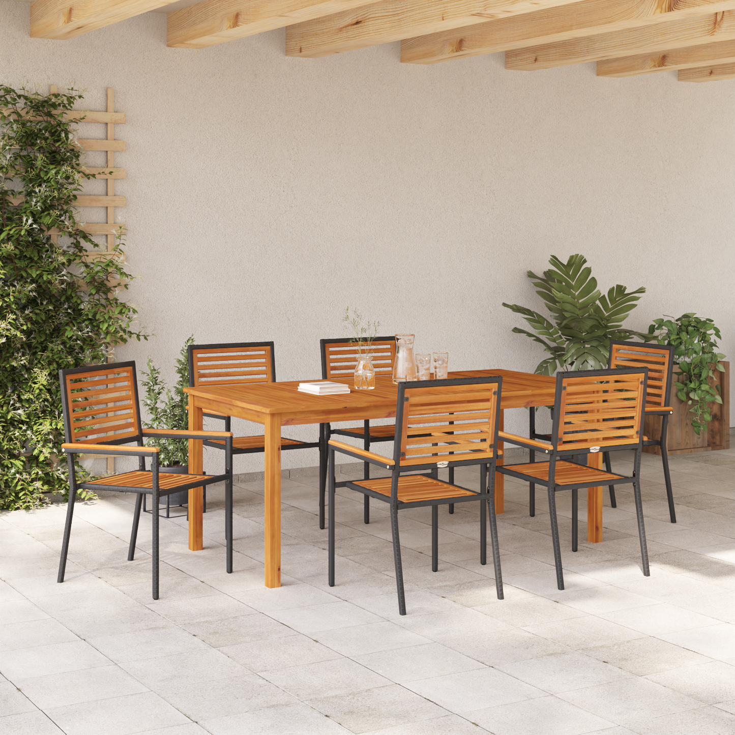 7 Piece Garden Dining Set Black Poly Rattan Acacia