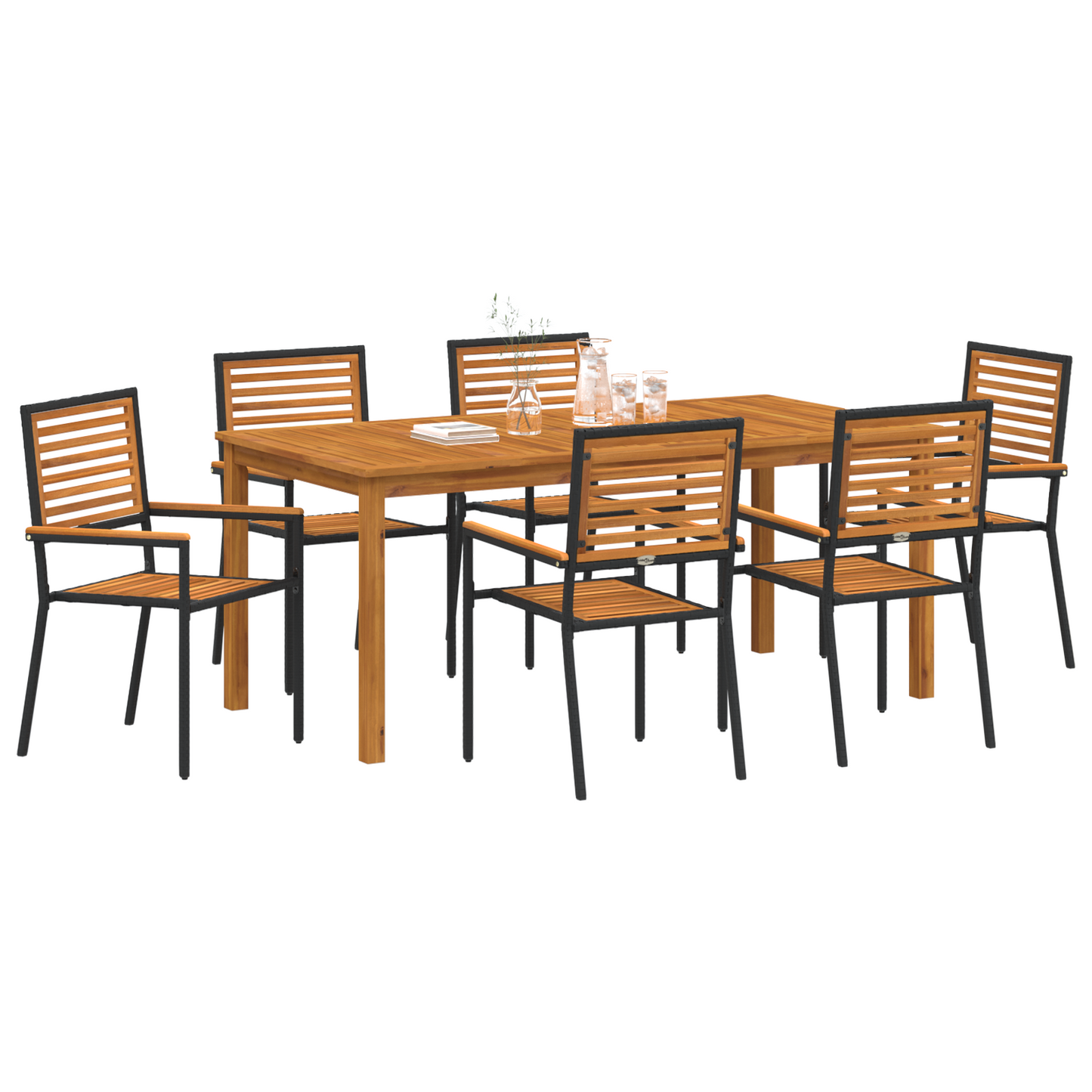 7 Piece Garden Dining Set Black Poly Rattan Acacia