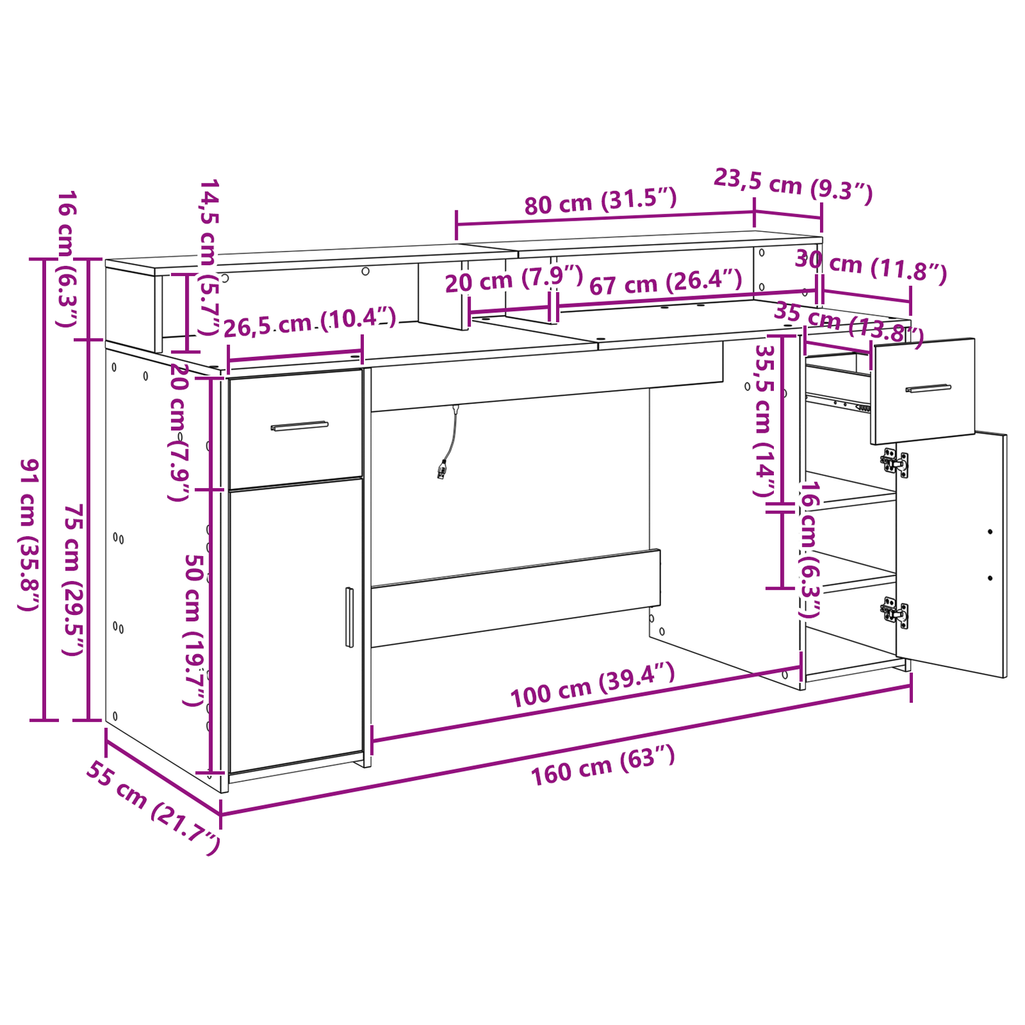 Desk Black Oak 160x55x91 cm Engineered Wood