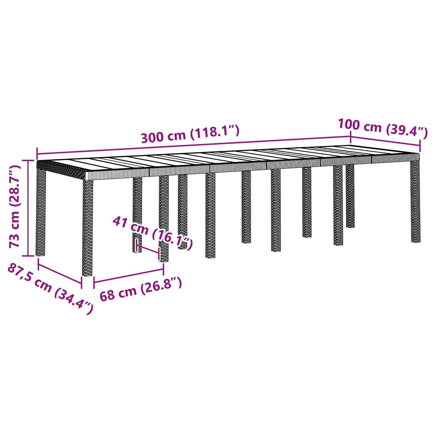 Garden Table Brown 300x100x73 cm Poly Rattan