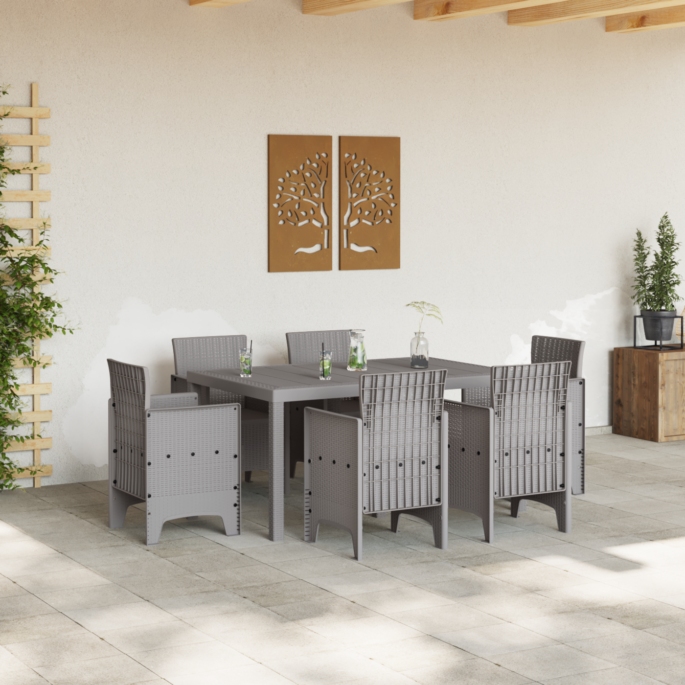 7 Piece Garden Dining Set Light Grey Poly Rattan