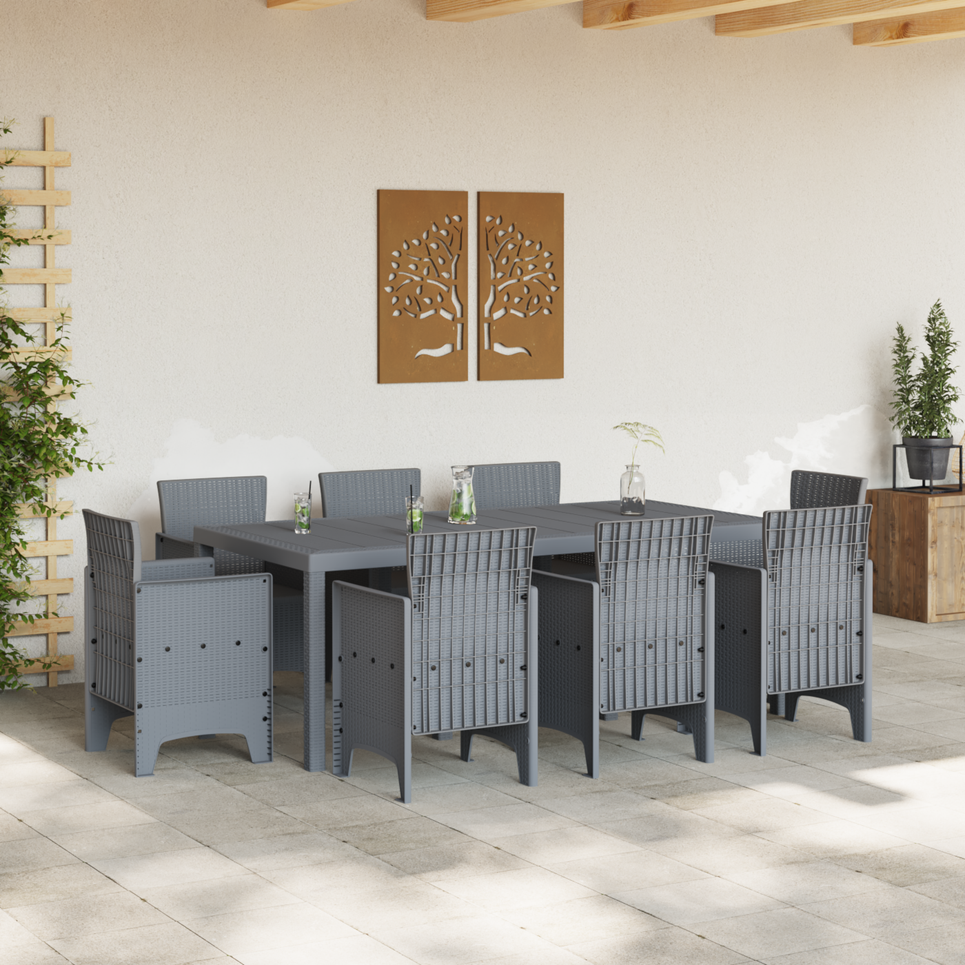 9 Piece Garden Dining Set Light Grey Poly Rattan