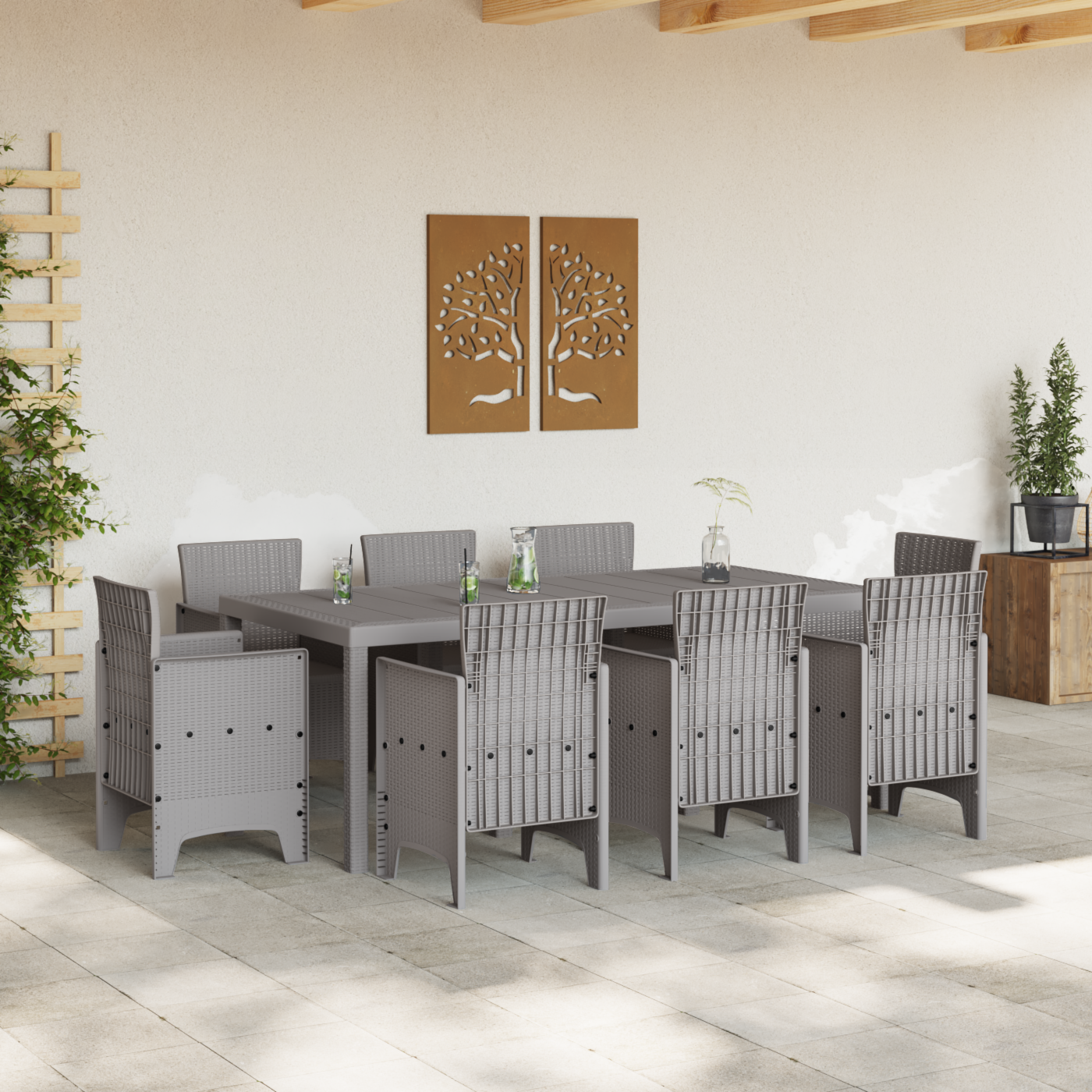 9 Piece Garden Dining Set Light Grey Poly Rattan