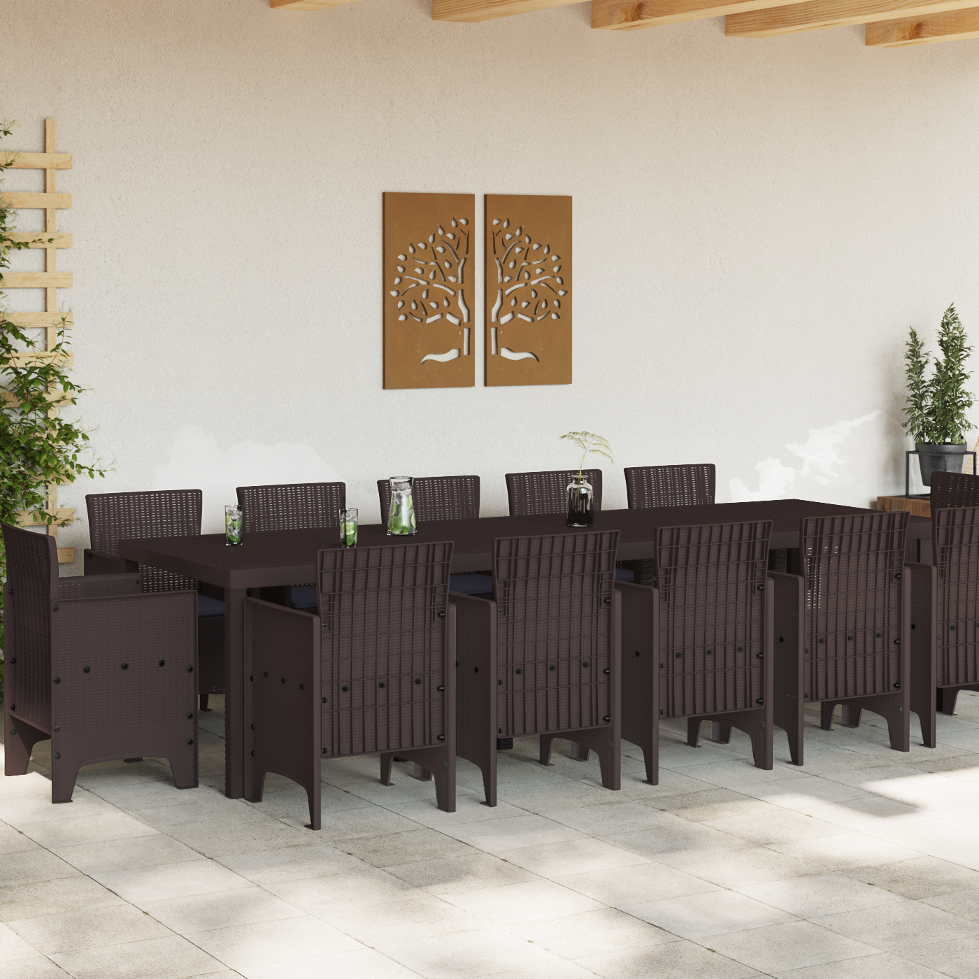 13 Piece Garden Dining Set with Cushions Brown Poly Rattan