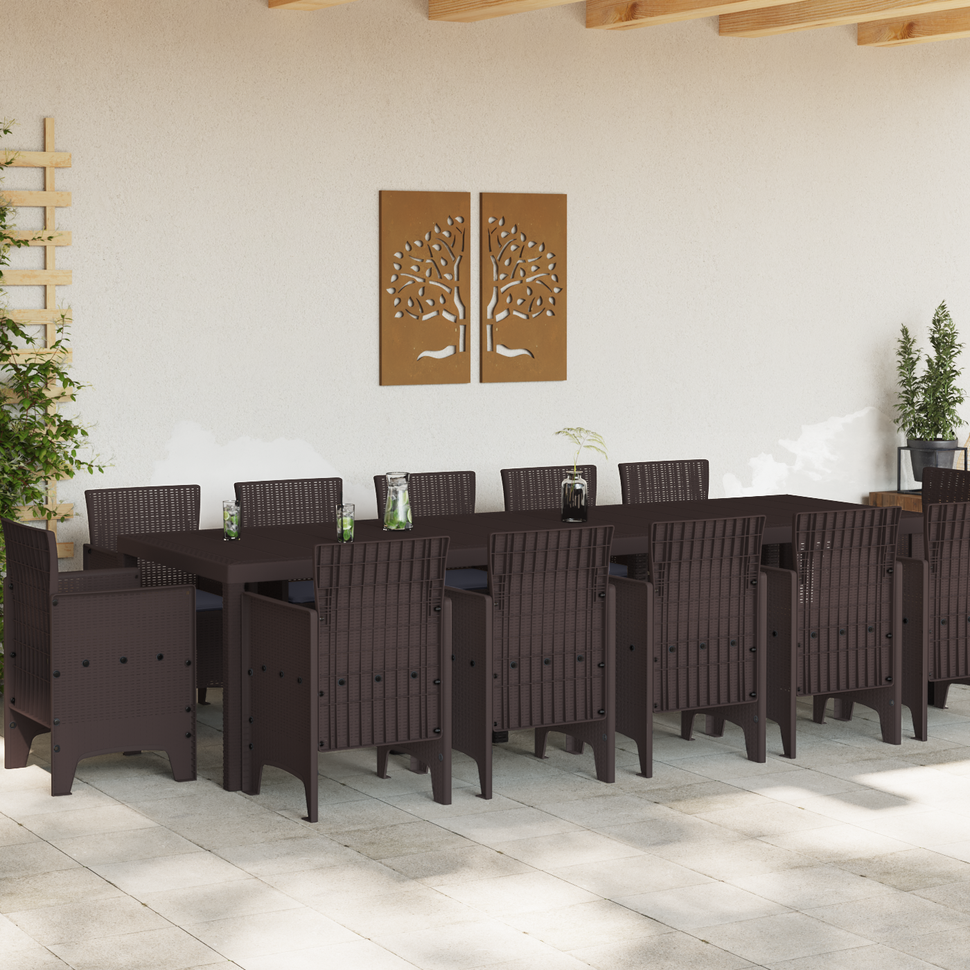 13 Piece Garden Dining Set with Cushions Brown Poly Rattan