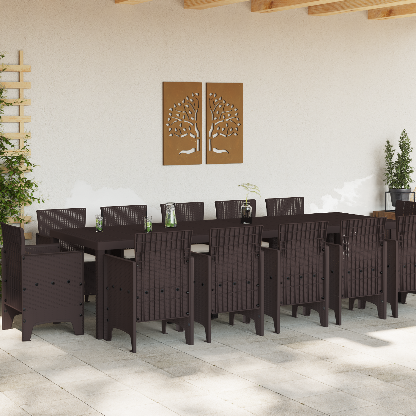 13 Piece Garden Dining Set with Cushions Brown Poly Rattan