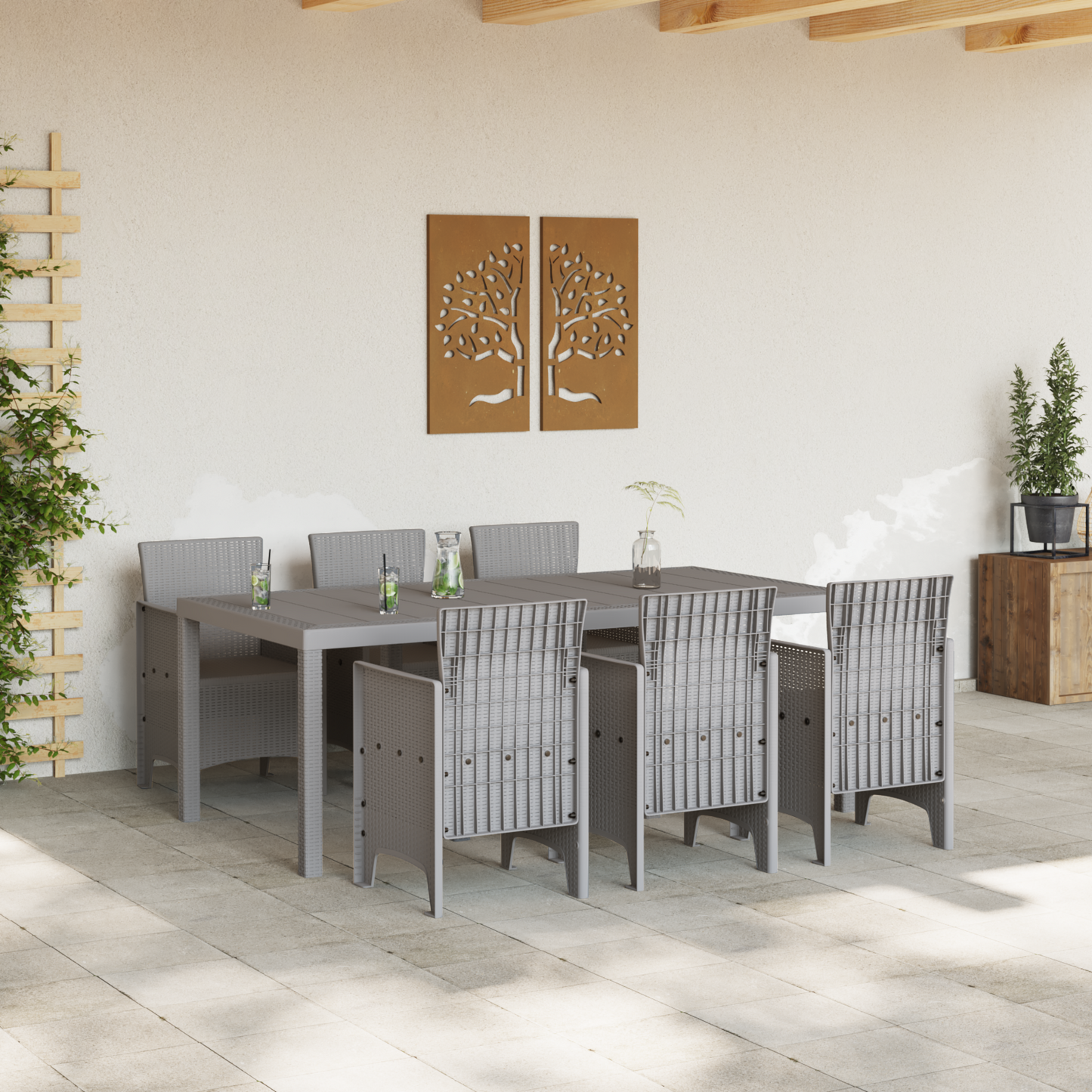 7 Piece Garden Dining Set Light Grey Poly Rattan