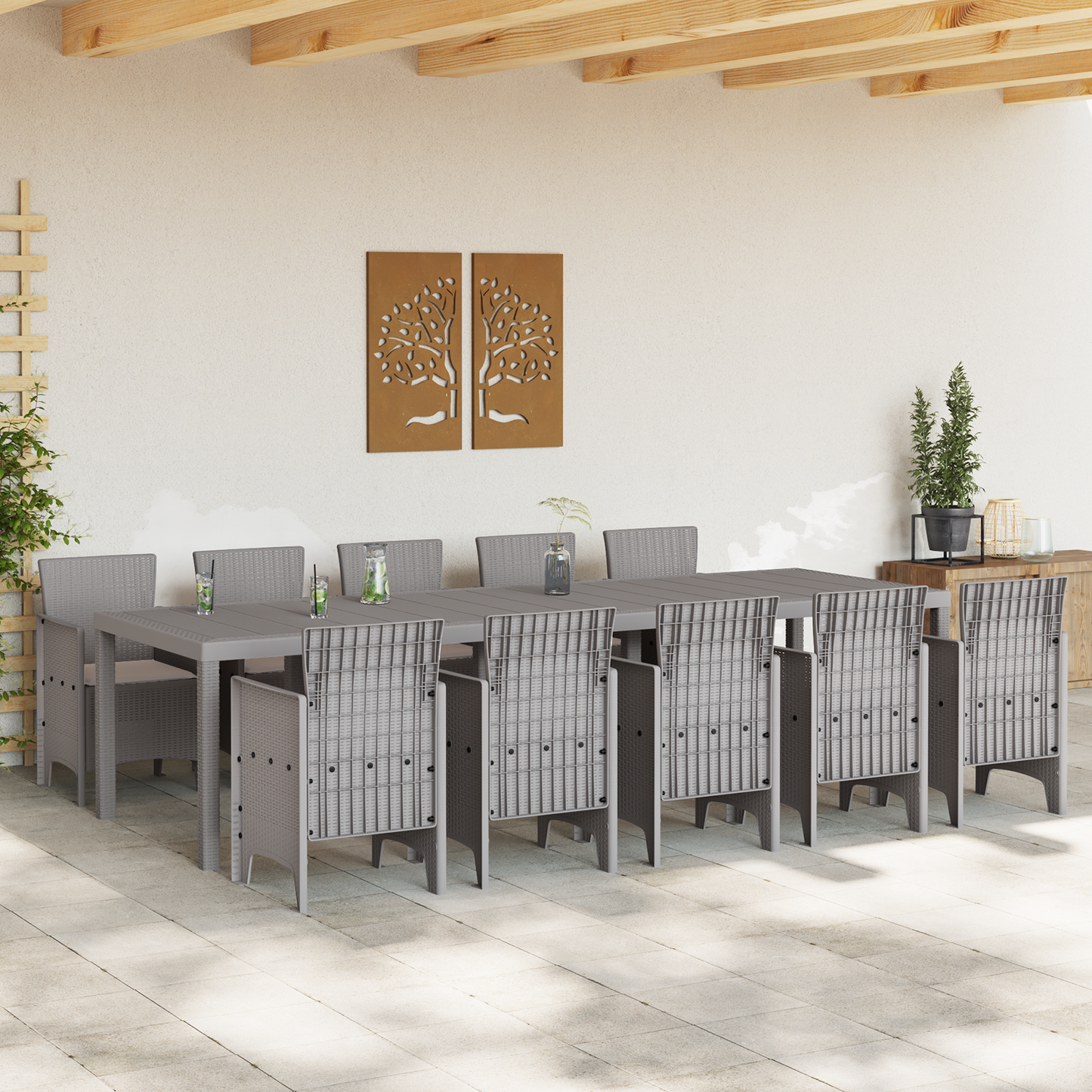 11 Piece Garden Dining Set Light Grey Poly Rattan