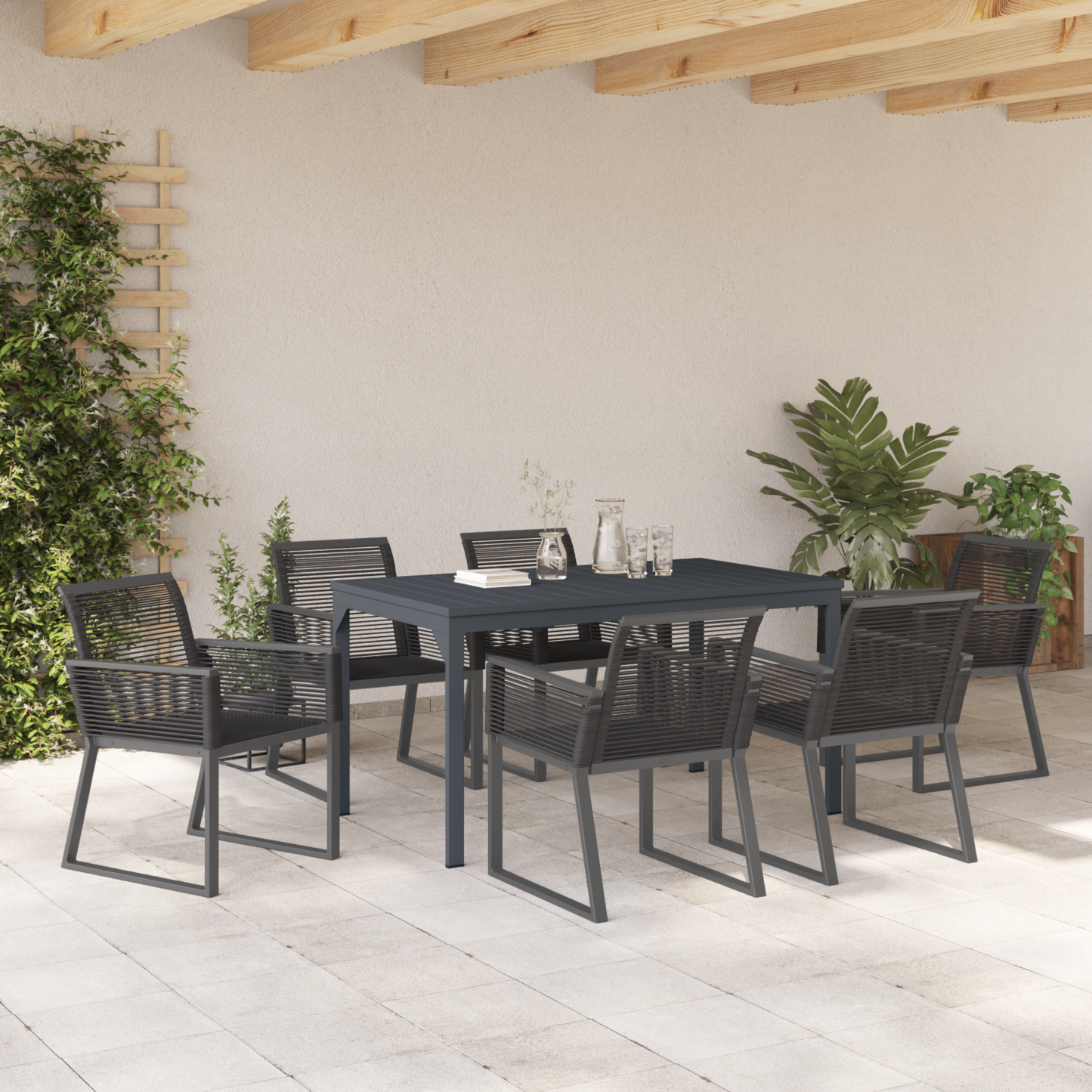 7 Piece Garden Dining Set Black Steel and Poly Rattan