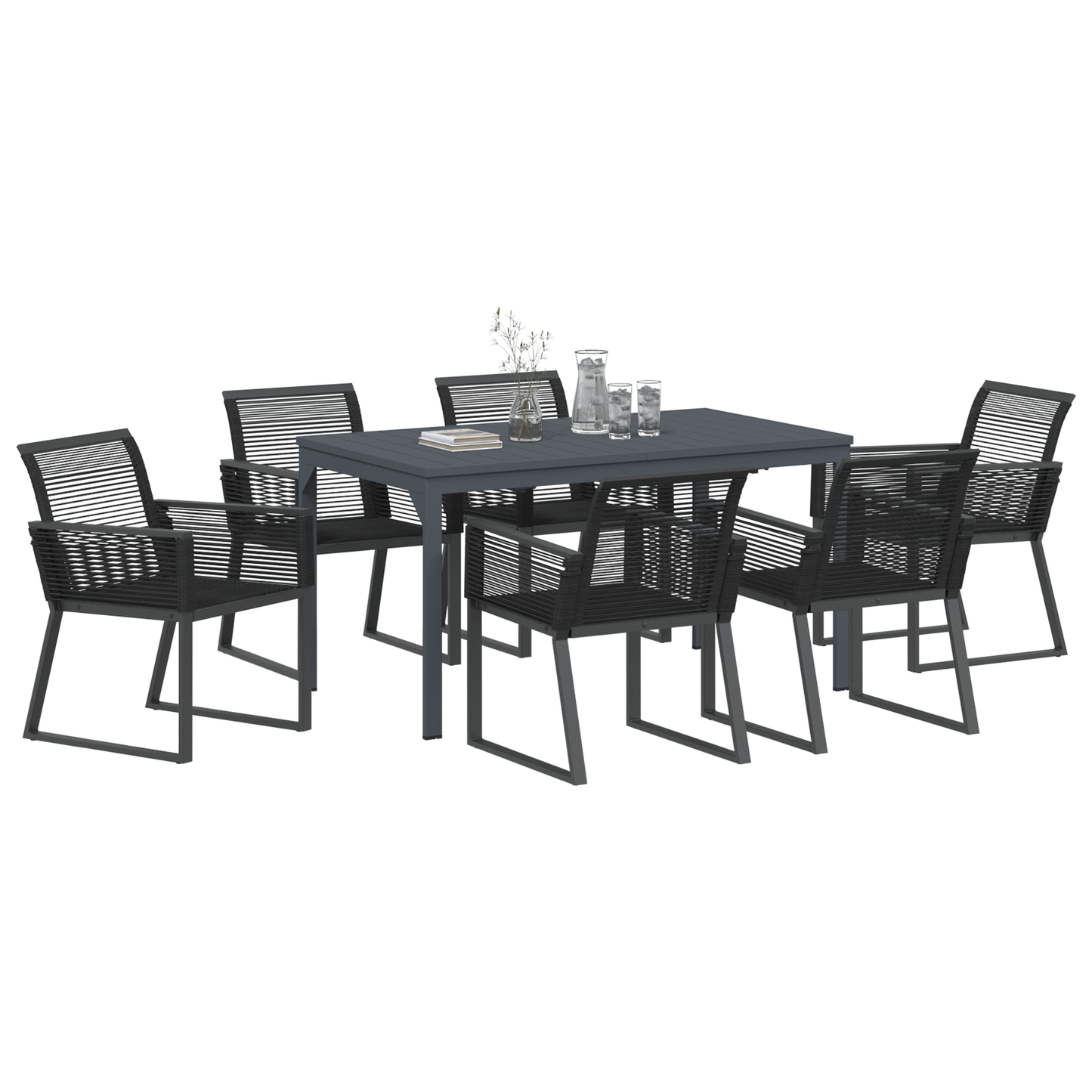 7 Piece Garden Dining Set Black Steel and Poly Rattan